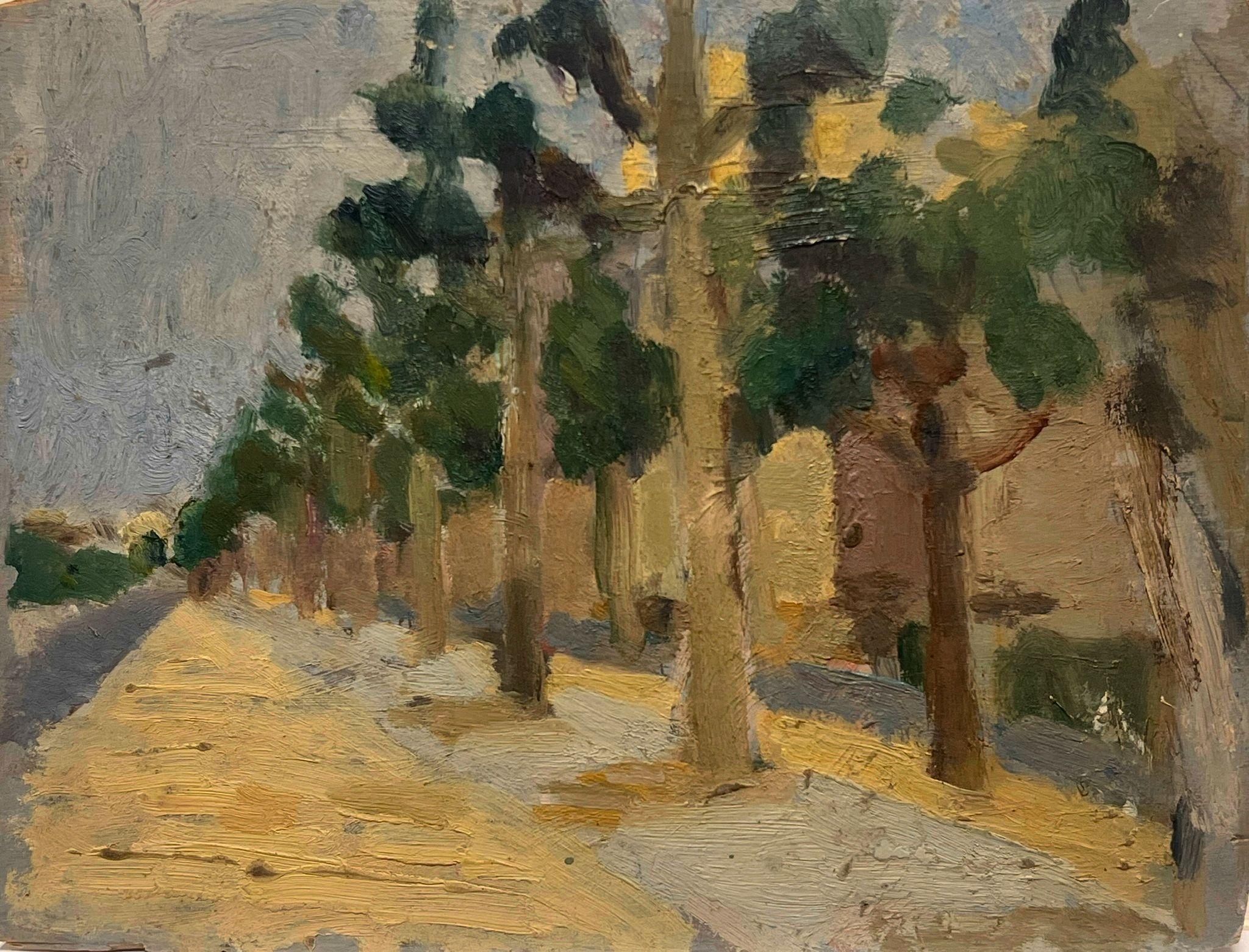 Chemin d'arbres ensoleillé Etude de lumière Peinture à l'huile française 1930's French Impression