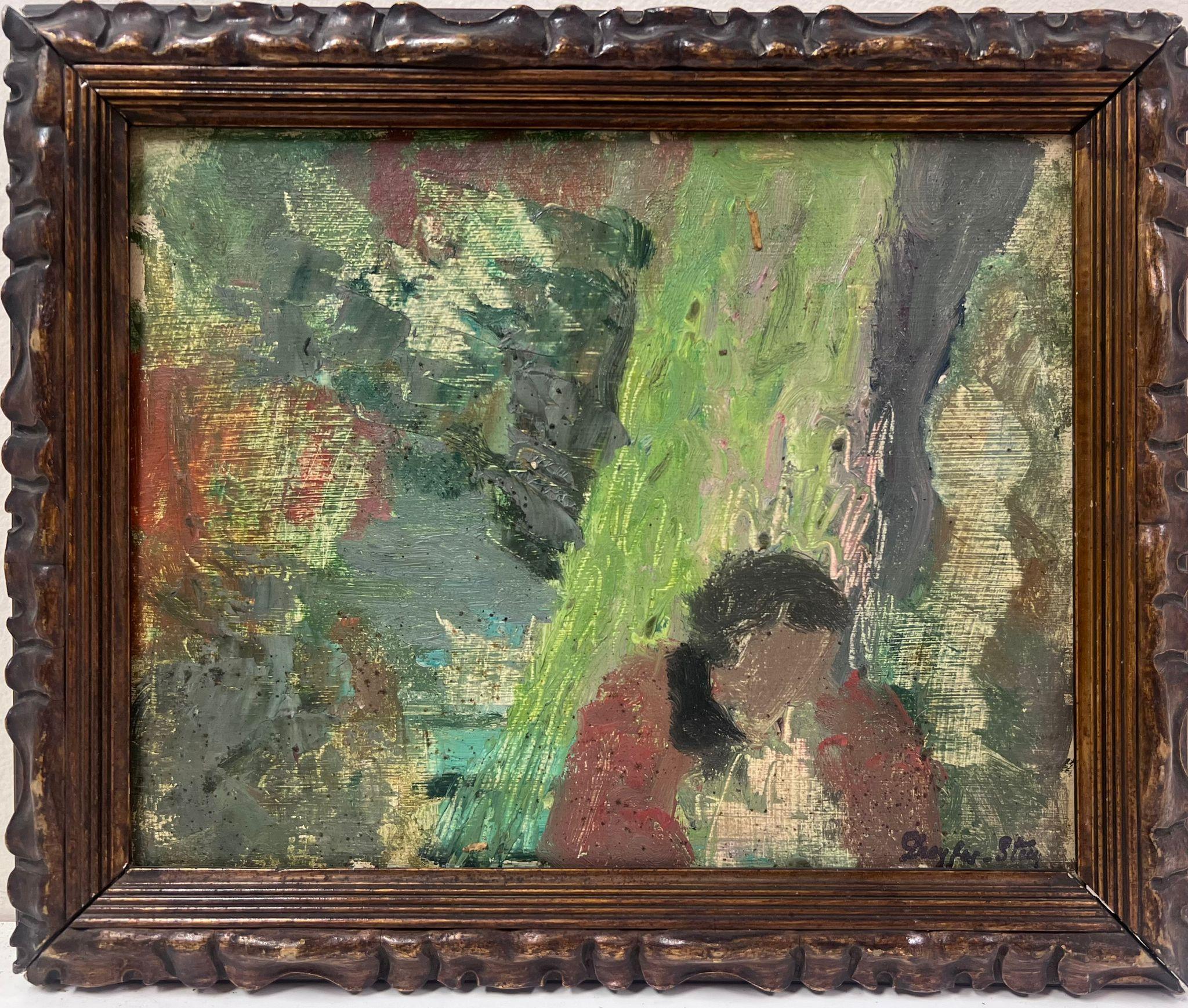 Portrait Painting Jean Dreyfus-Stern - Figure à l'huile post-impressionniste française du milieu du 20e siècle, signée, dans des champs verts