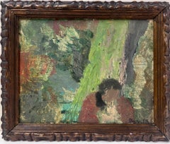 Figure à l'huile post-impressionniste française du milieu du 20e siècle, signée, dans des champs verts