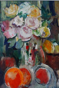 Blumenstillleben Ölgemälde aus der Jahrhundertmitte, Impressionistische Blumen und Früchte