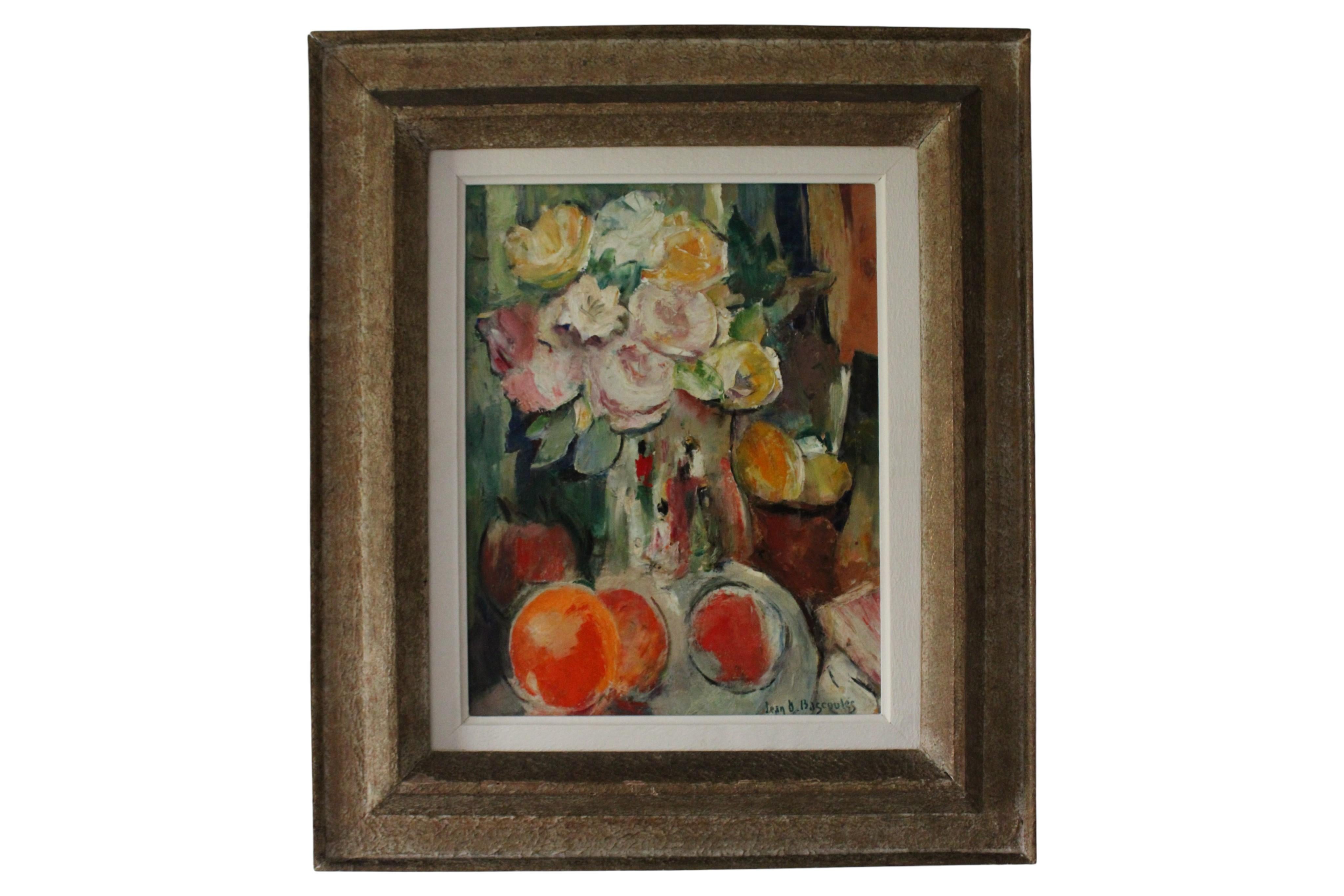 Mid-Century Floral Still Life Oil Painting, Impressionist Flowers and Fruit