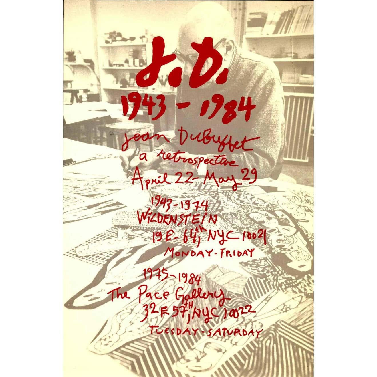 Vieille carte d'annonce originale pour : 
Jean Dubuffet : une rétrospective : The Pace Gallery, New York 1987.
Une enquête complète en deux parties sur la vie de l'artiste : Du 22 avril au 29 mai 1987. 

Impression décalée ; non signé 
Mesures