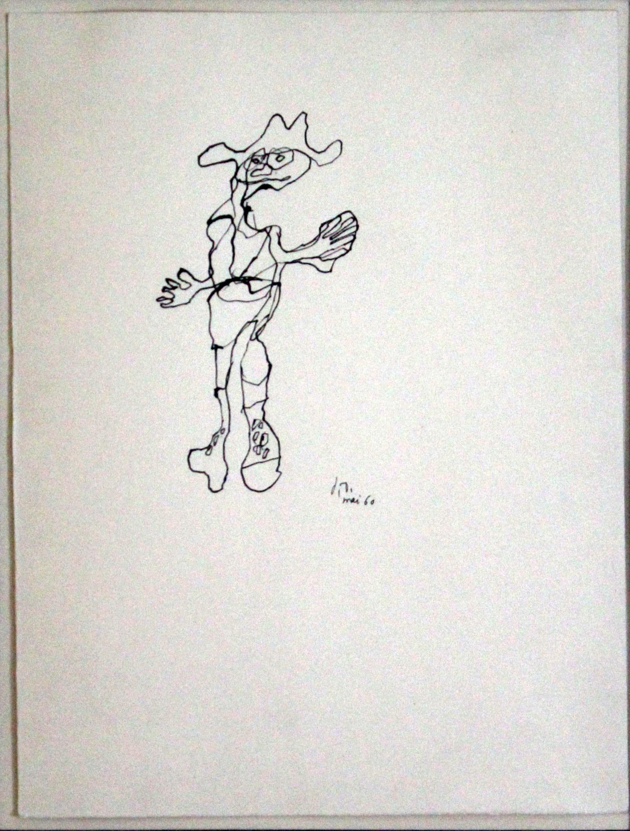 A rare delightful and expressive ink drawing on paper titled Petit Personnage (Little Characters) by French artist Jean Dubuffet. Signed on the bottom right with a May ’60 date. On the verso is the original gallery tag from Donald Morris Gallery