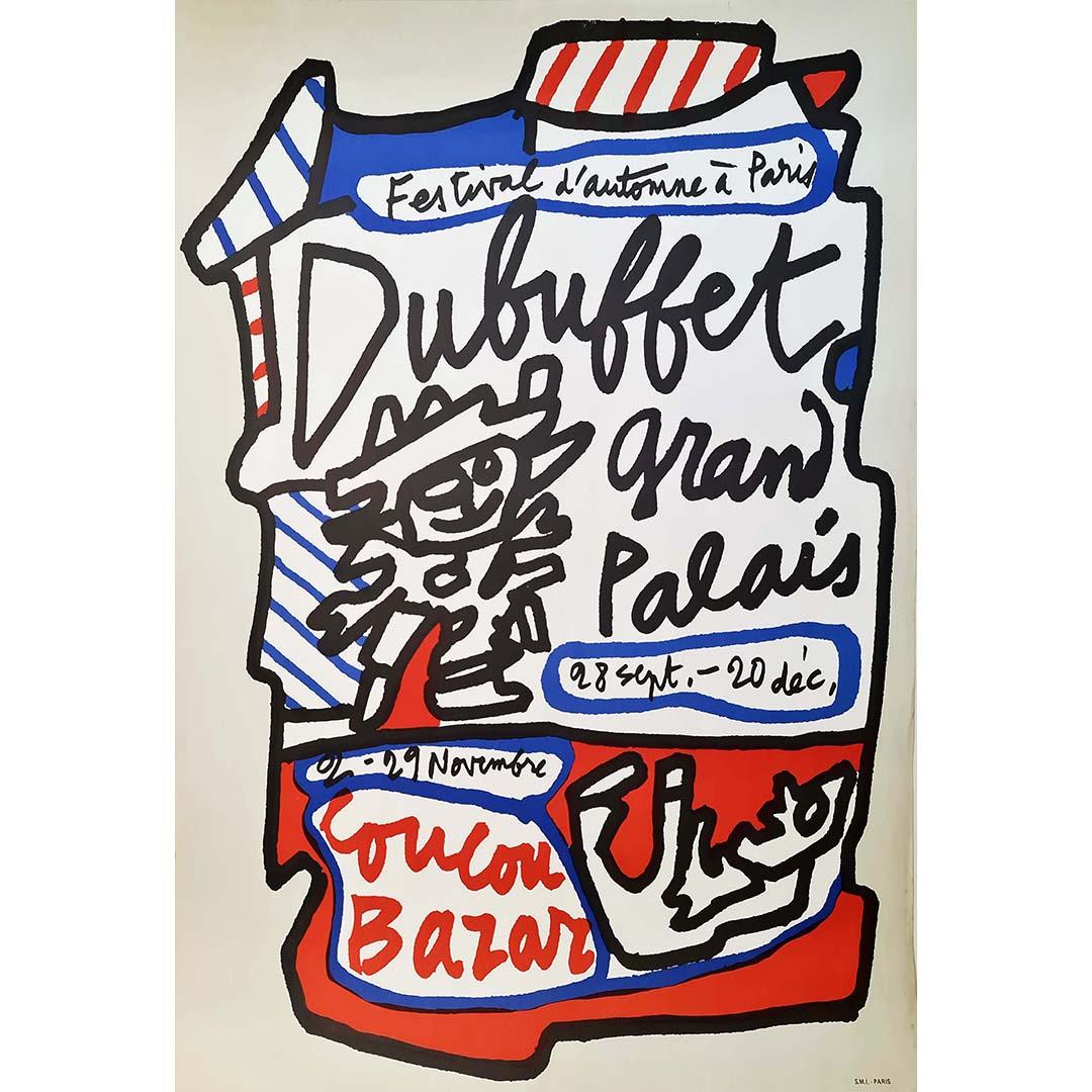 En 1973, Jean Dubuffet, pionero del movimiento Art Brut, creó un cartel icónico para promocionar su interactiva e innovadora obra de arte escénica, Coucou Bazar, en el Grand Palais de París. Este acto formaba parte del Festival d'Automne, un