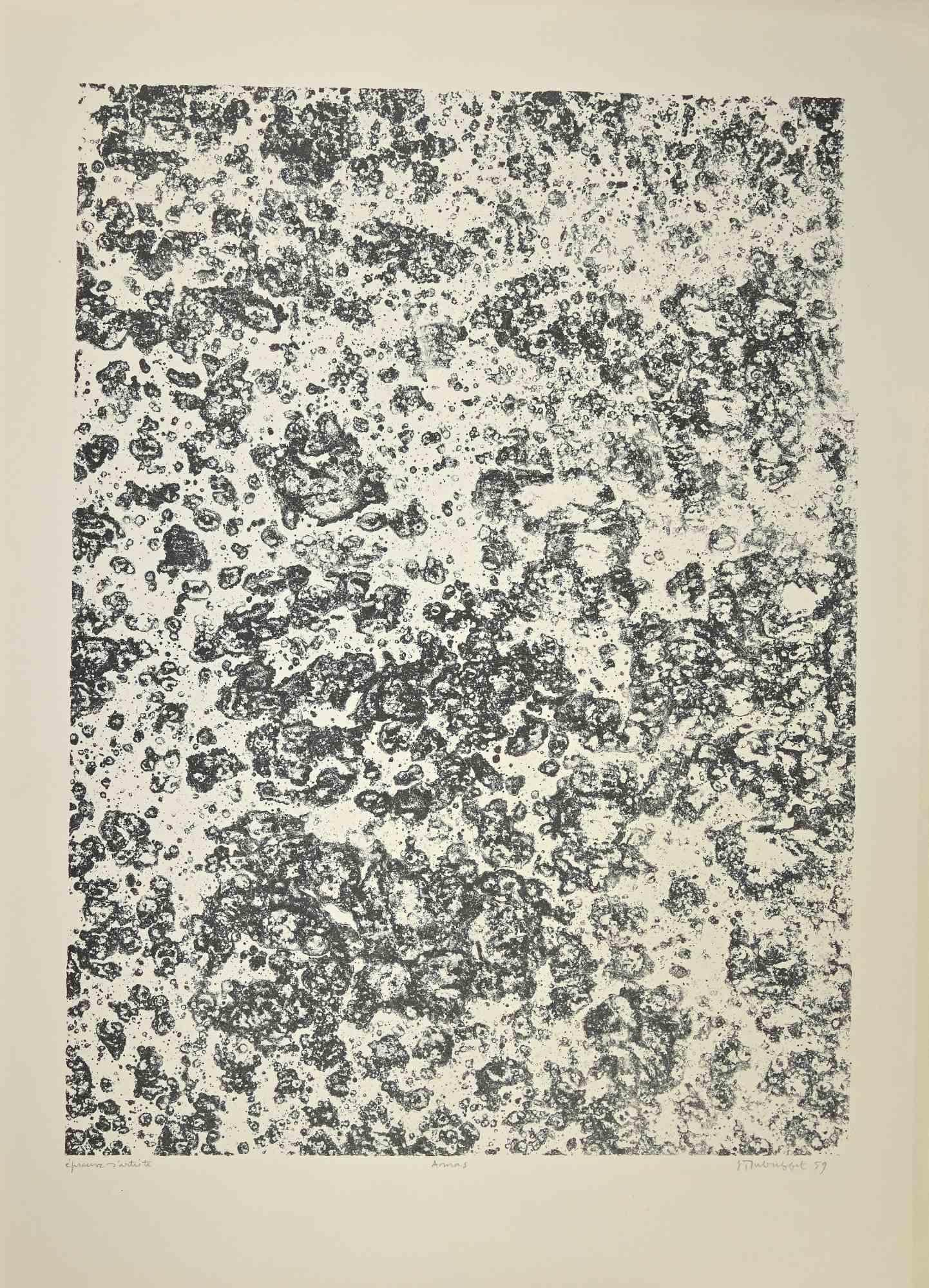 Amas è un'opera d'arte realizzata da Jean Dubuffet (Le Havre 1888 - 1985 Parigi) nel 1959. 

Foglio 17 per il portfolio Eaux, Pierres, Sable.

Litografia. 

Prova d'artista. Firmato, datato e intitolato.

Su carta vergata d'Arches.

51,5x38