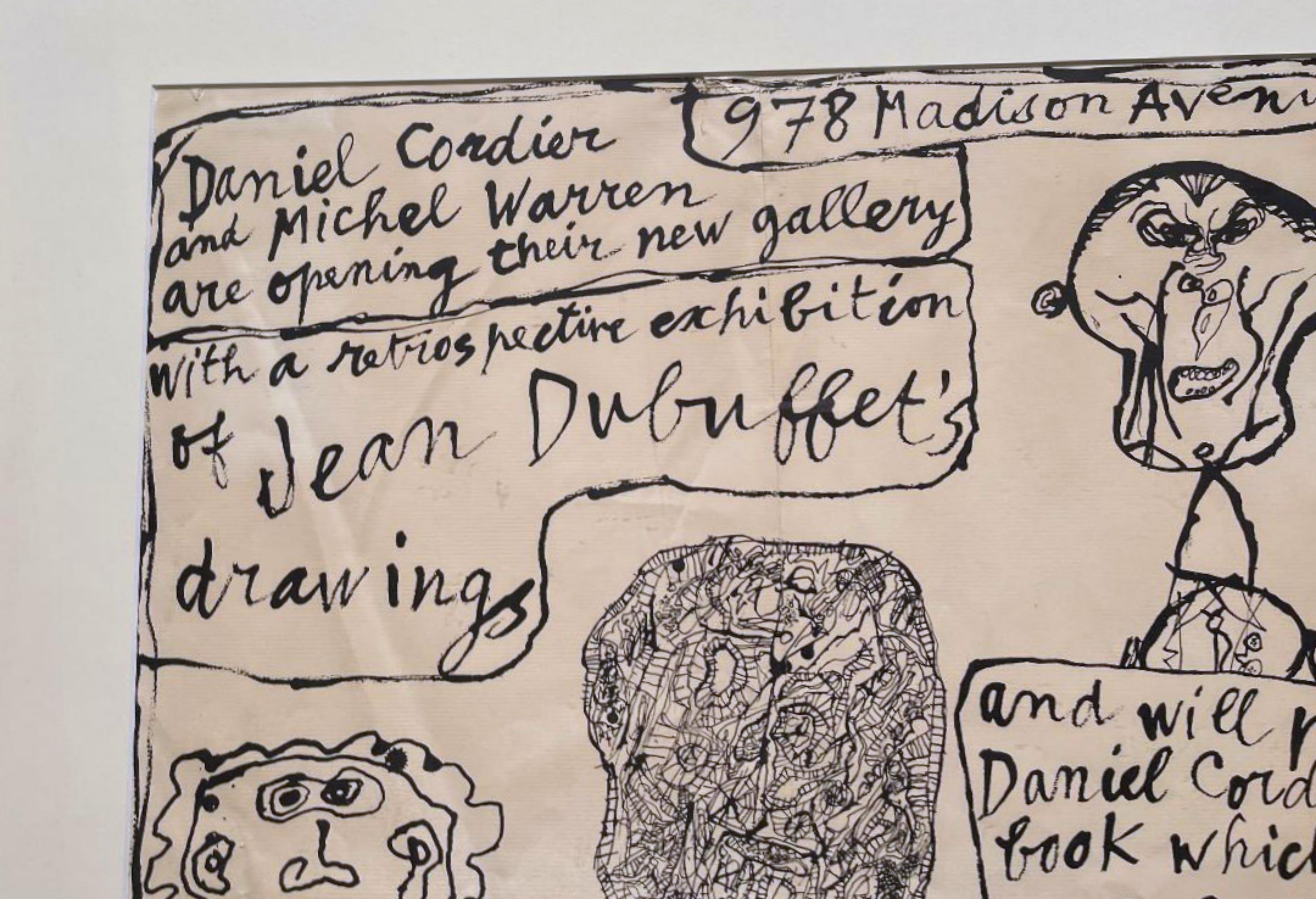 Jean Dubuffet
Retrospective of Jean Dubuffet Drawings, 1960
Offset lithograph invitation
25 × 19 inches
Edition of 500
Published by: Daniel Cordier and Michael Warren Gallery
Acquired from the personal collection of the founder of the Los Angeles