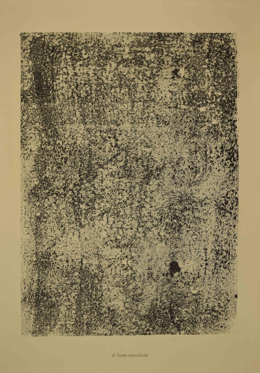 Texte Mouchetè is an original lithograph on watermarked paper "Arc". Abstract composition by the French artist Jean Dubuffet. From the album of "Cites et Chaussees" (1953-1959). 
In excellent conditions.

Ref: Cat. W. n° 602 / Cat. S. n°409. Edition