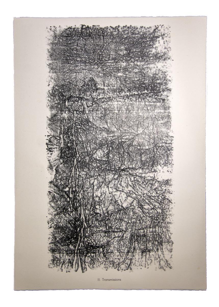 Transmissions is an original B/W lithograph realized by the French founder of Art Brut, Jean Dubuffet

Very good condition.  Image Dimensions: 58 x 30 cm.

The artwork represents an Abstract composition through strong and confident strokes in a