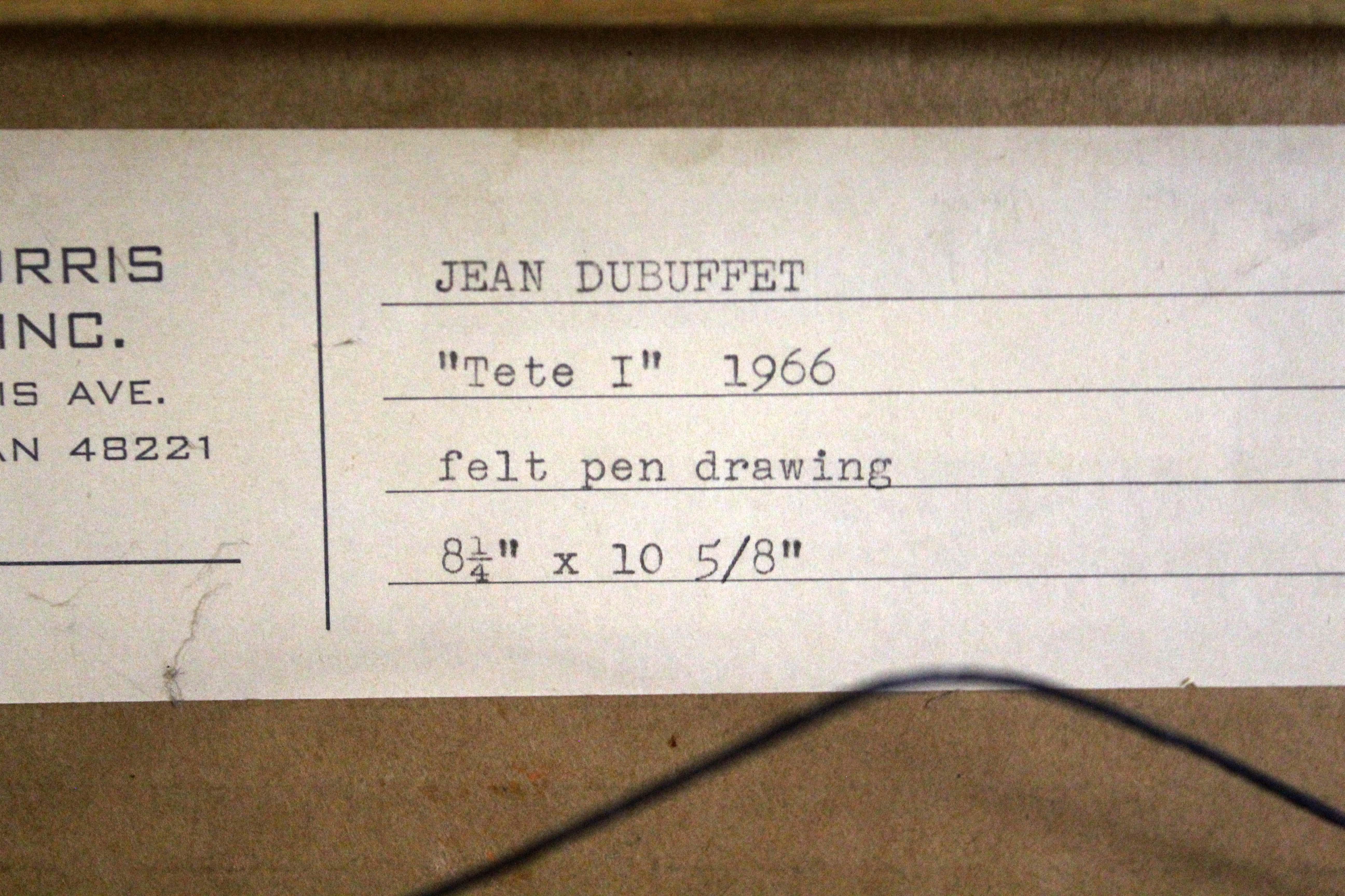 Jean Dubuffet Tete I Signed Felt Pen Drawing on Paper Art Brut Framed 1966 6