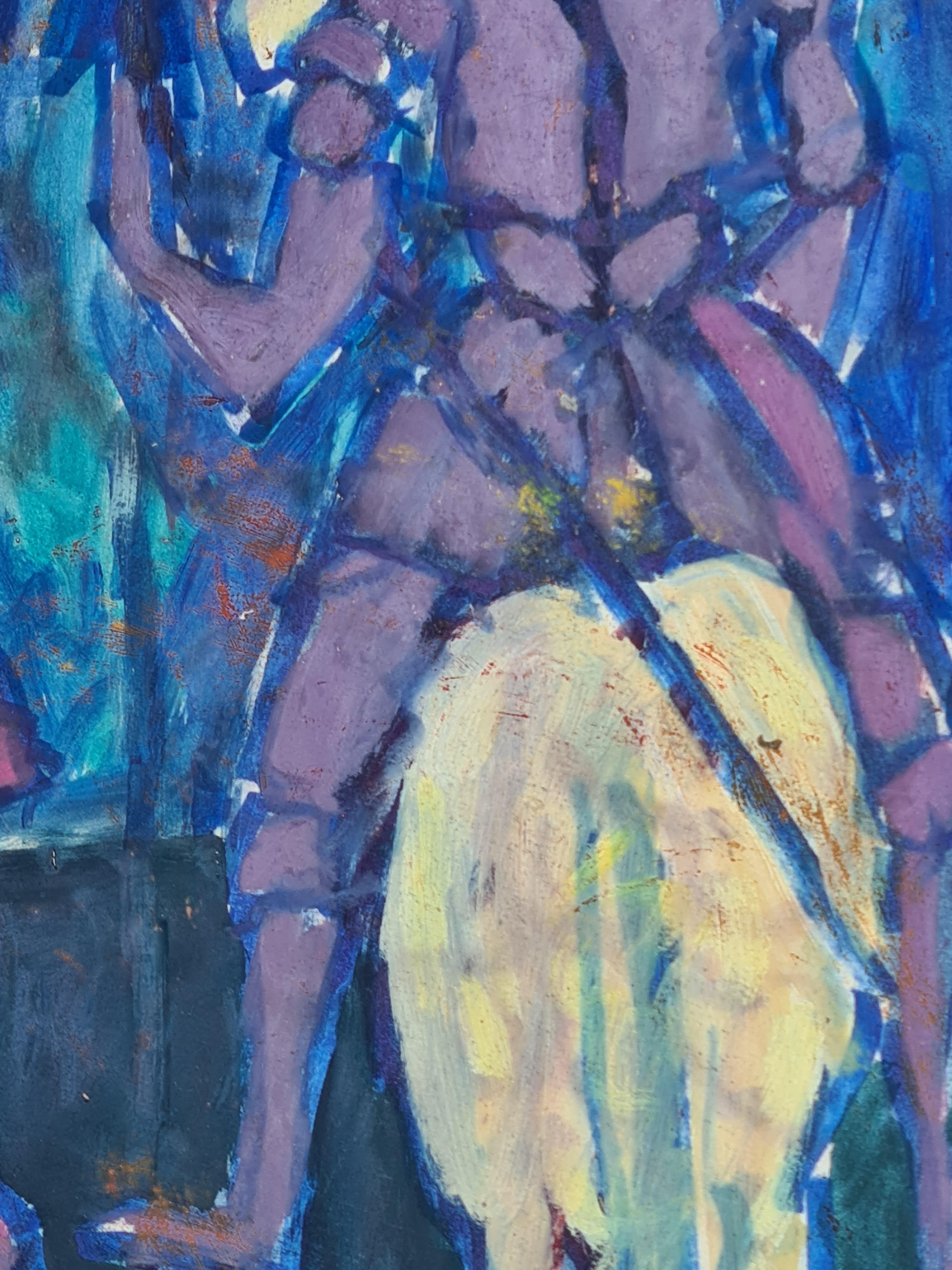 Ein französisches Porträt von Don Quijote und Sancho Panza in Gouache auf Papier von Jean Paul Ducel. Das Gemälde ist auf der Rückseite signiert, wo sich ein weiteres Bild eines Clowns befindet.

Ein starkes und farbenfrohes Gemälde dieser