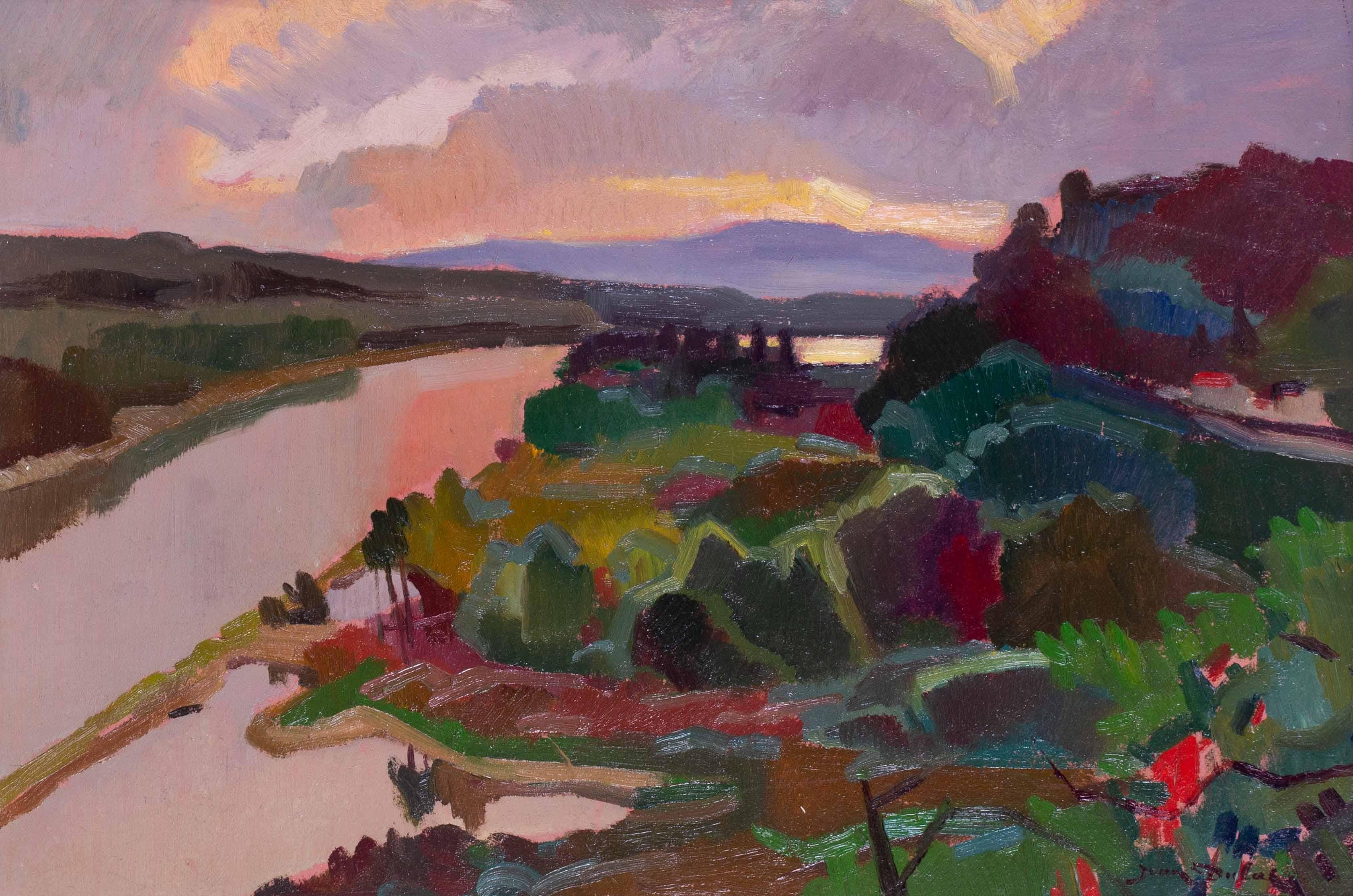 Peinture à l'huile d'un paysage post-impressionniste français représentant une rivière par Jean Dulac, 1949 - Painting de Jean Dufy