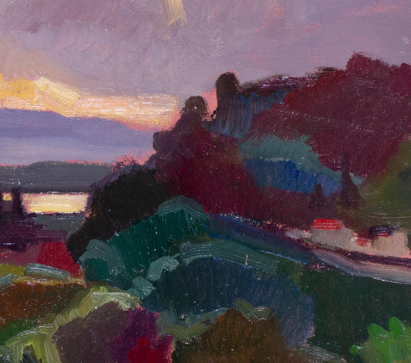 Peinture à l'huile d'un paysage post-impressionniste français représentant une rivière par Jean Dulac, 1949 - Gris Landscape Painting par Jean Dufy