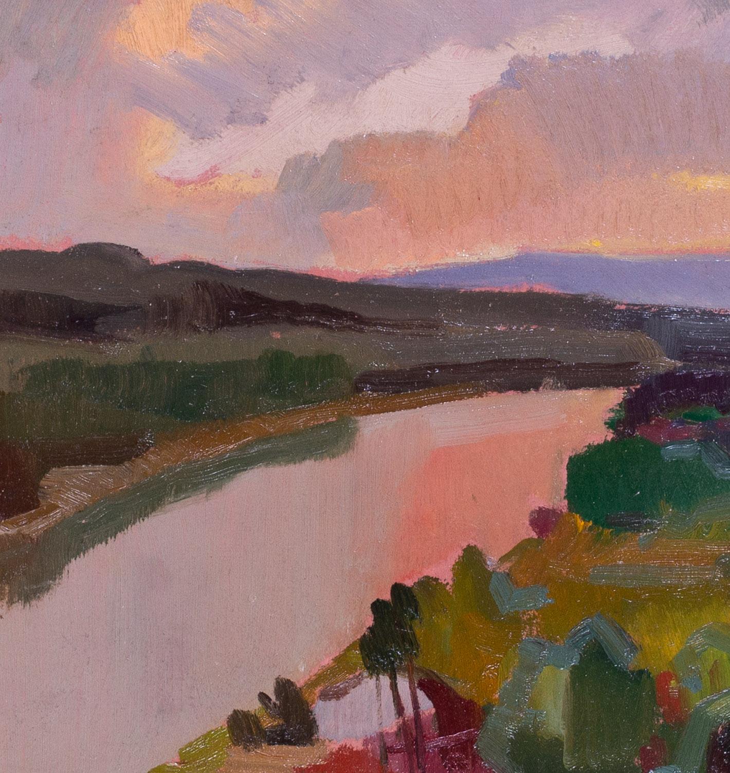 Peinture à l'huile d'un paysage post-impressionniste français représentant une rivière par Jean Dulac, 1949 en vente 1