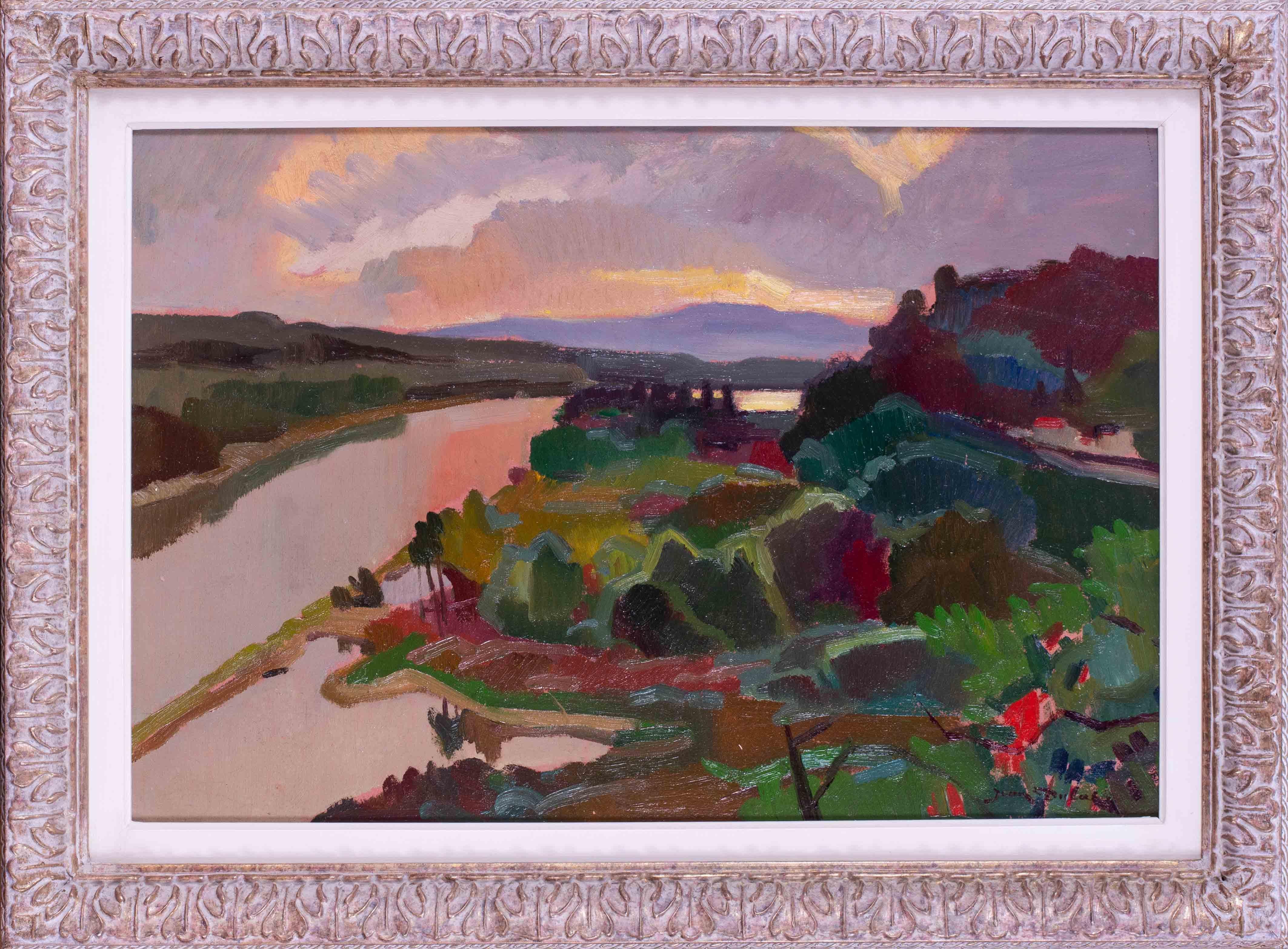 Landscape Painting Jean Dufy - Peinture à l'huile d'un paysage post-impressionniste français représentant une rivière par Jean Dulac, 1949