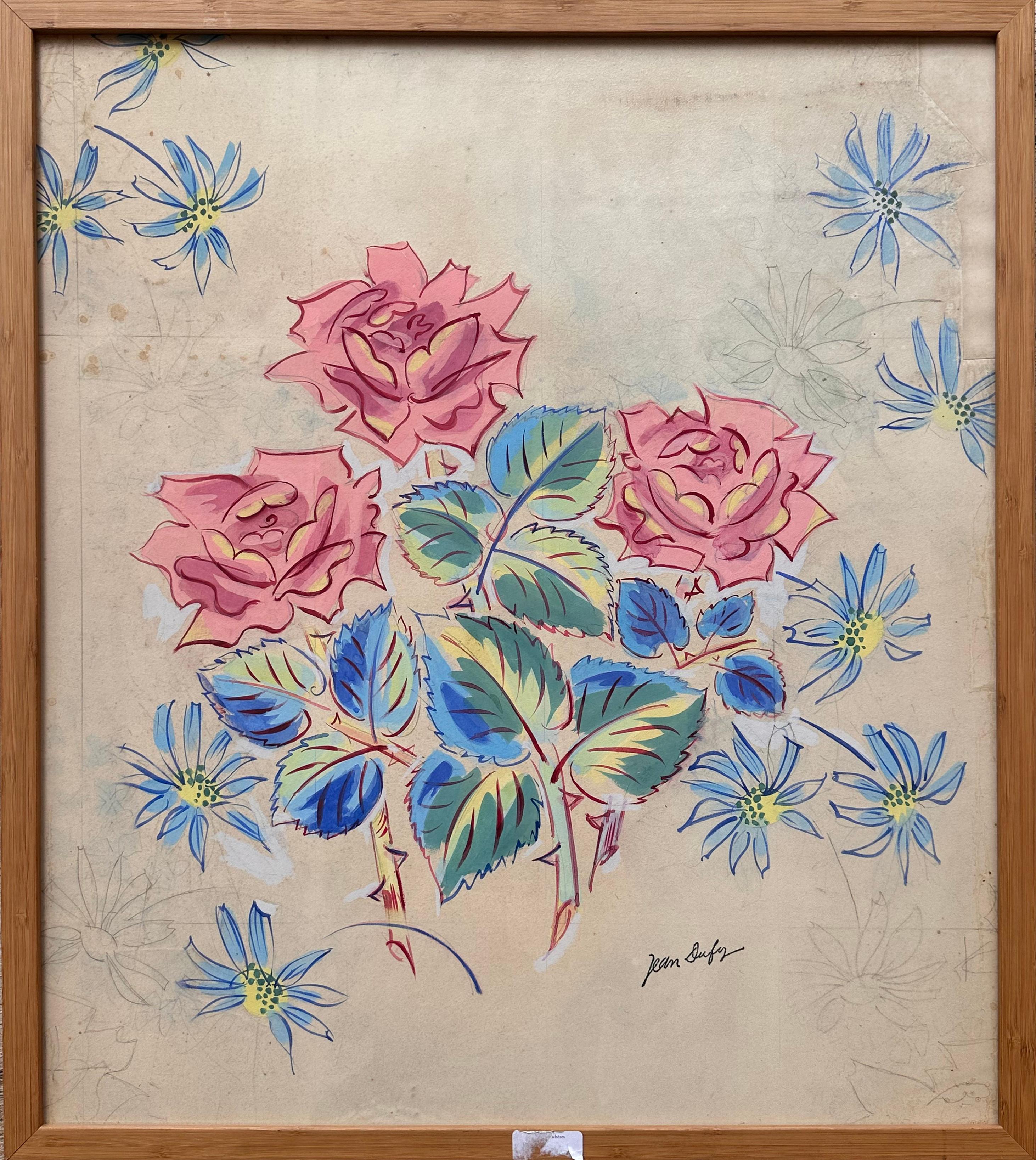 Beautiful watercolor drawing of Roses by the well known French artist Jean Dufy For Sale 2