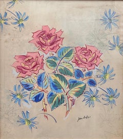 Precioso dibujo en acuarela de Rosas del conocido artista francés Jean Dufy