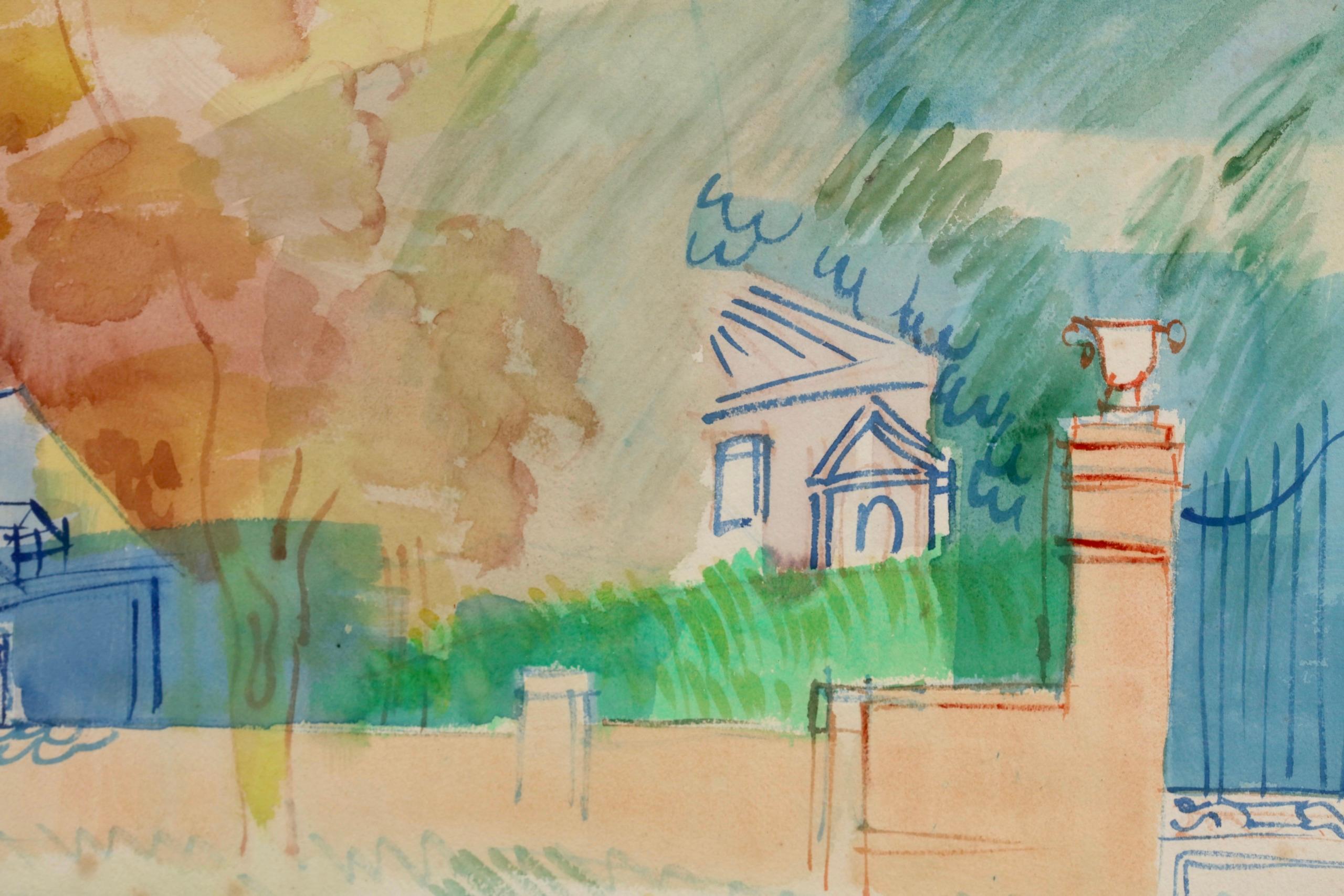 Bord de Riviere - Post Impressionist Figure in Landscape Watercolor by Jean Dufy For Sale 9