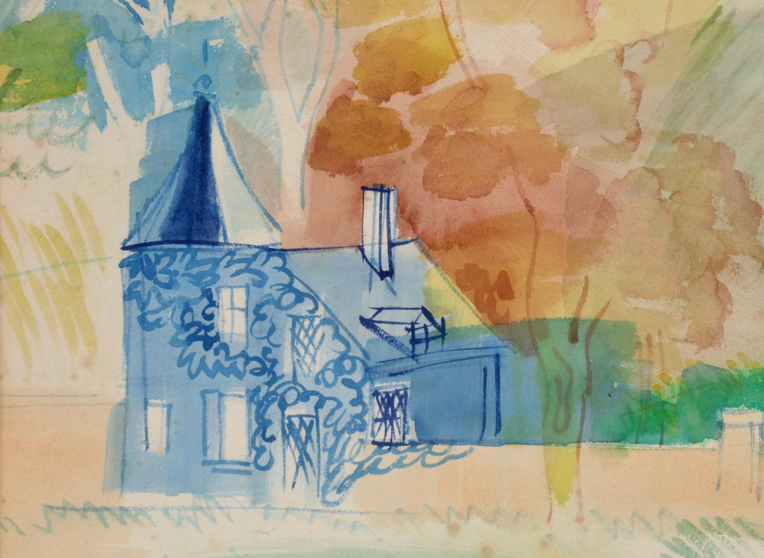 Bord de Riviere - Post Impressionist Figure in Landscape Watercolor by Jean Dufy For Sale 1