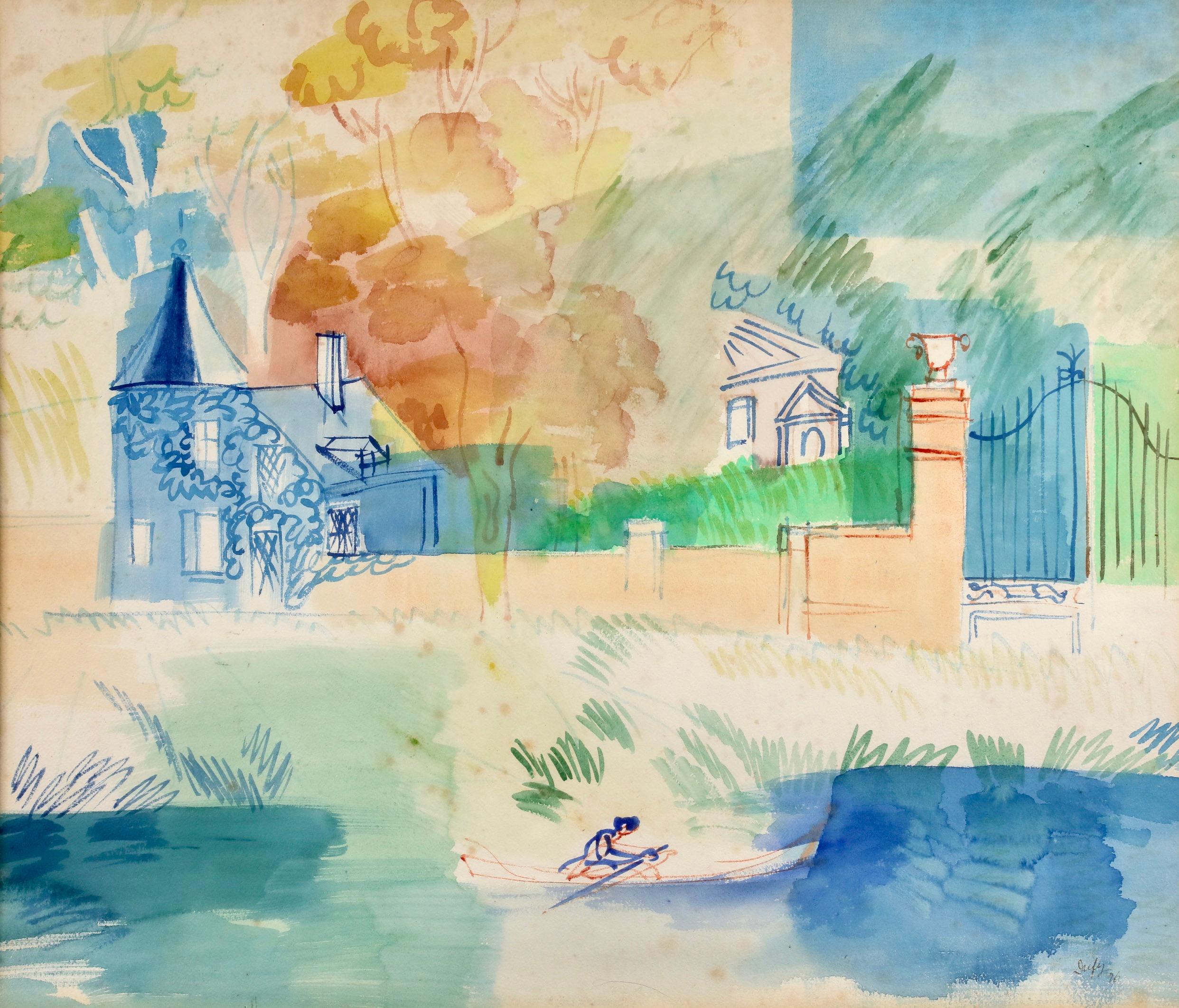 Bord de Riviere - Post Impressionist Figure in Landscape Watercolor by Jean Dufy For Sale 2