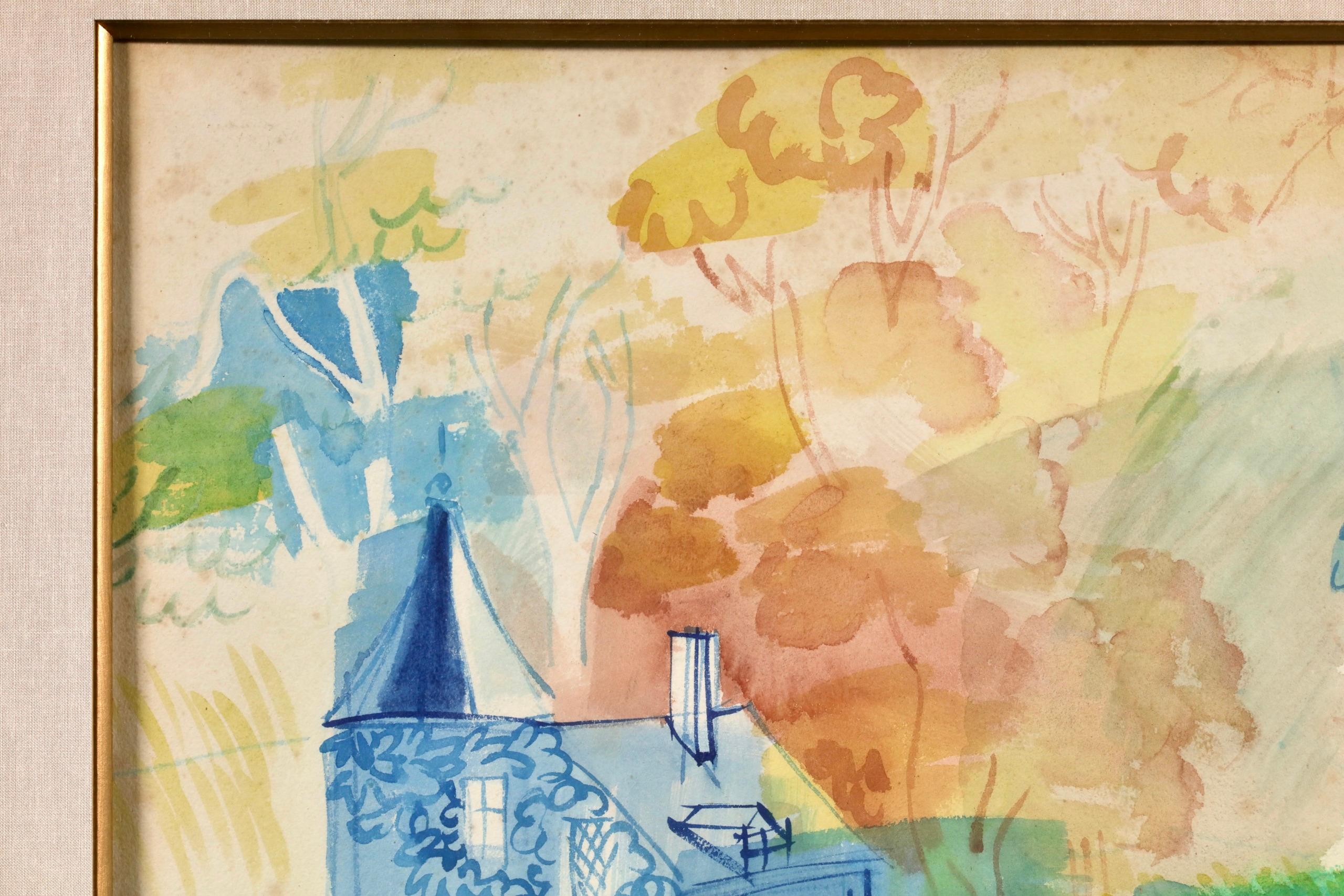 Bord de Riviere - Post Impressionist Figure in Landscape Watercolor by Jean Dufy For Sale 3