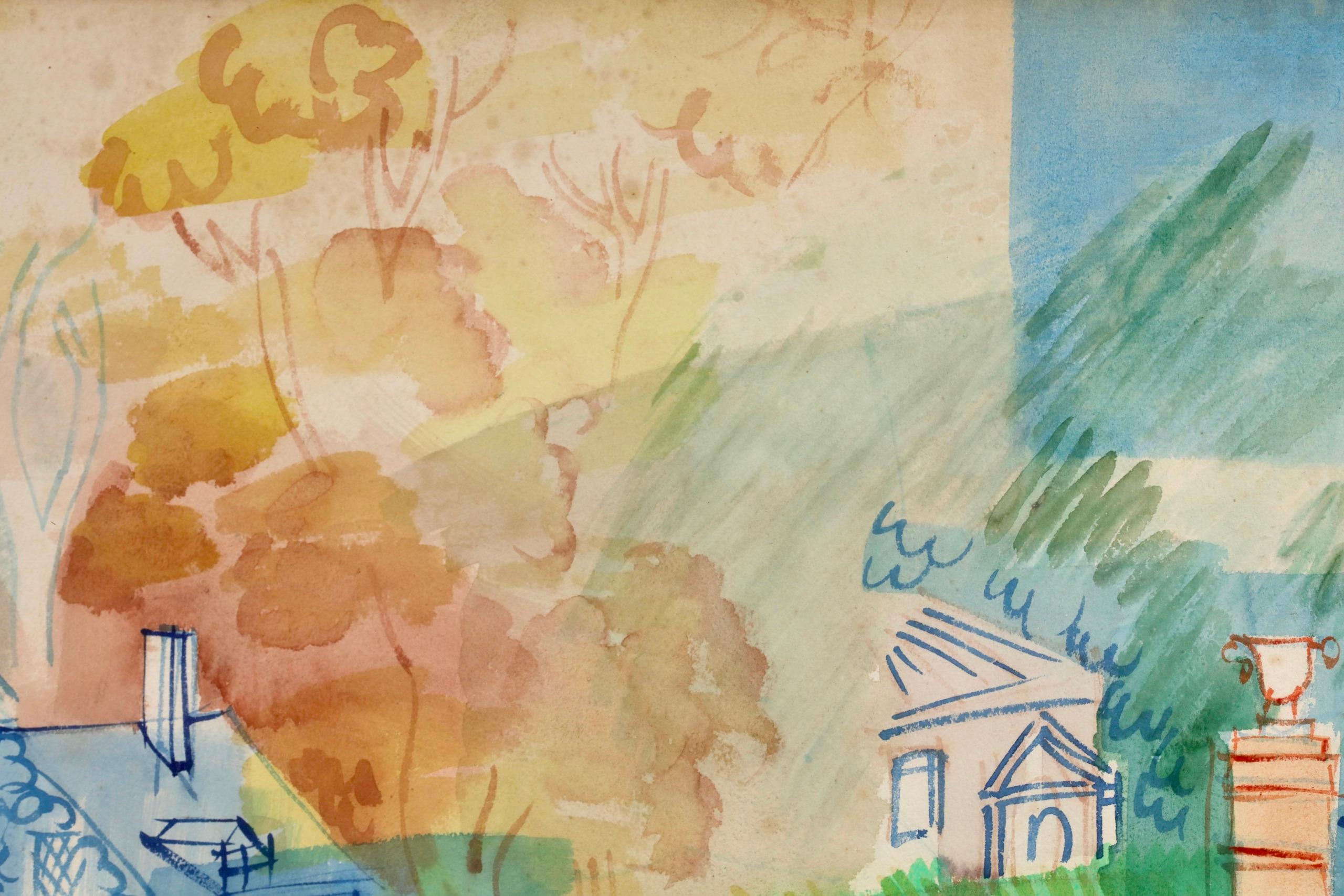 Bord de Riviere - Post Impressionist Figure in Landscape Watercolor by Jean Dufy For Sale 4