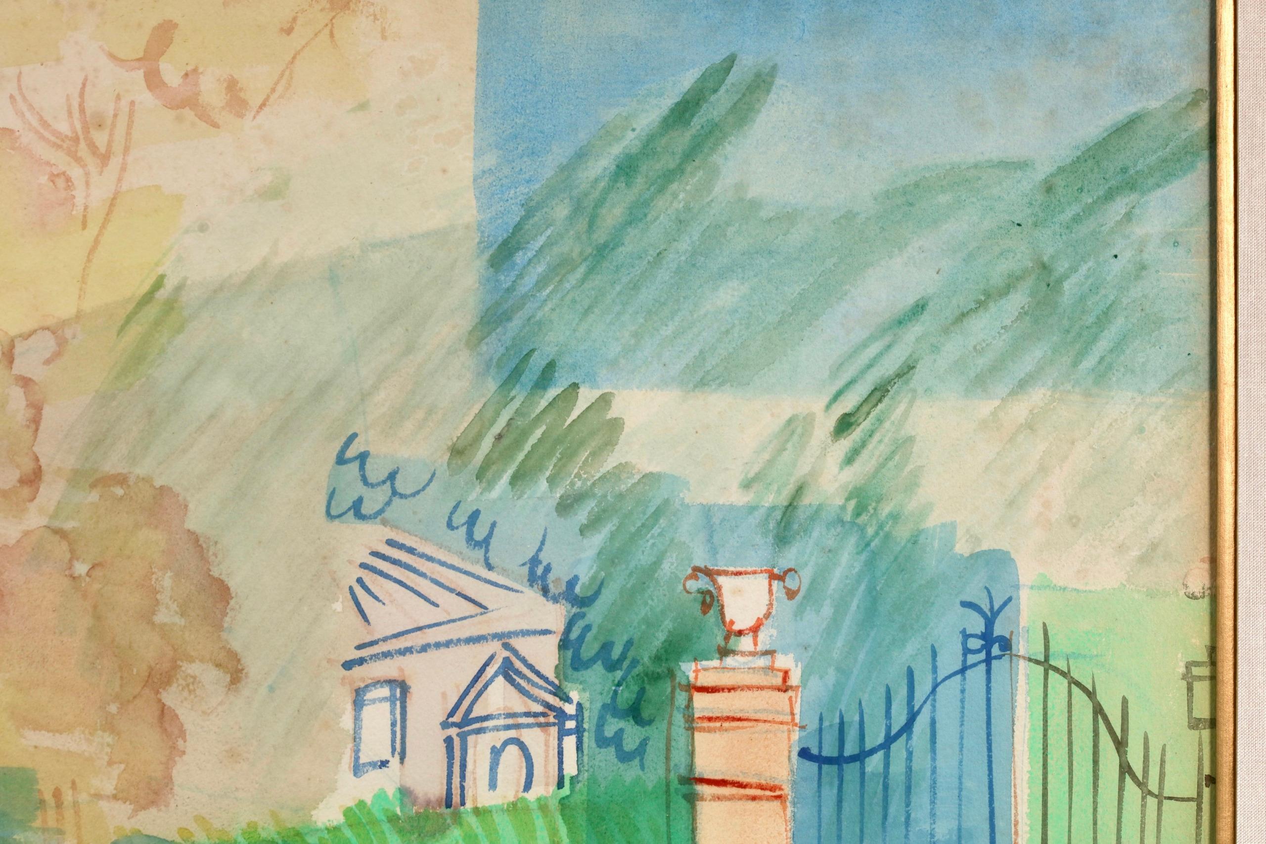 Bord de Riviere - Post Impressionist Figure in Landscape Watercolor by Jean Dufy For Sale 5