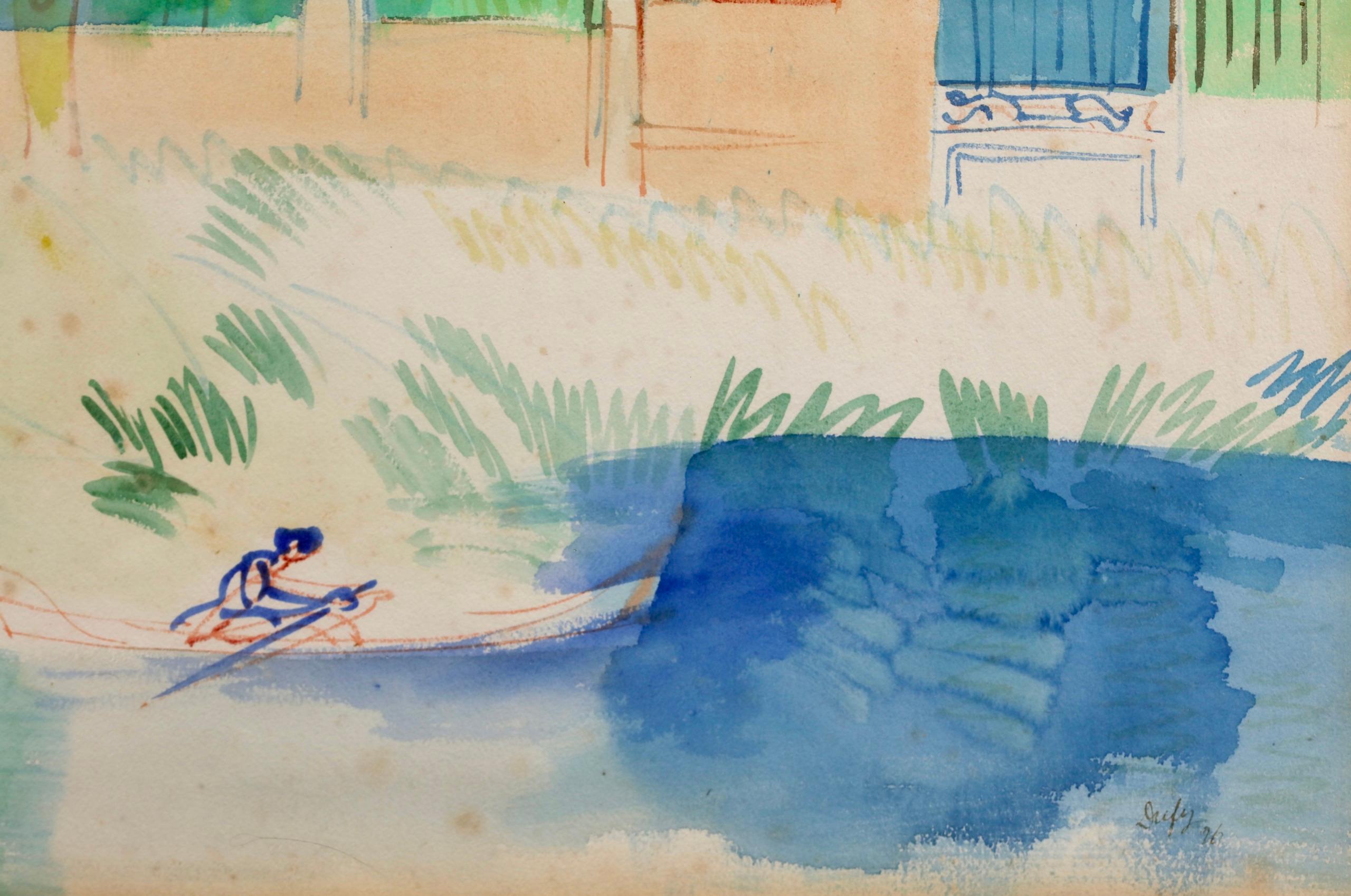 Bord de Riviere - Post Impressionist Figure in Landscape Watercolor by Jean Dufy For Sale 6