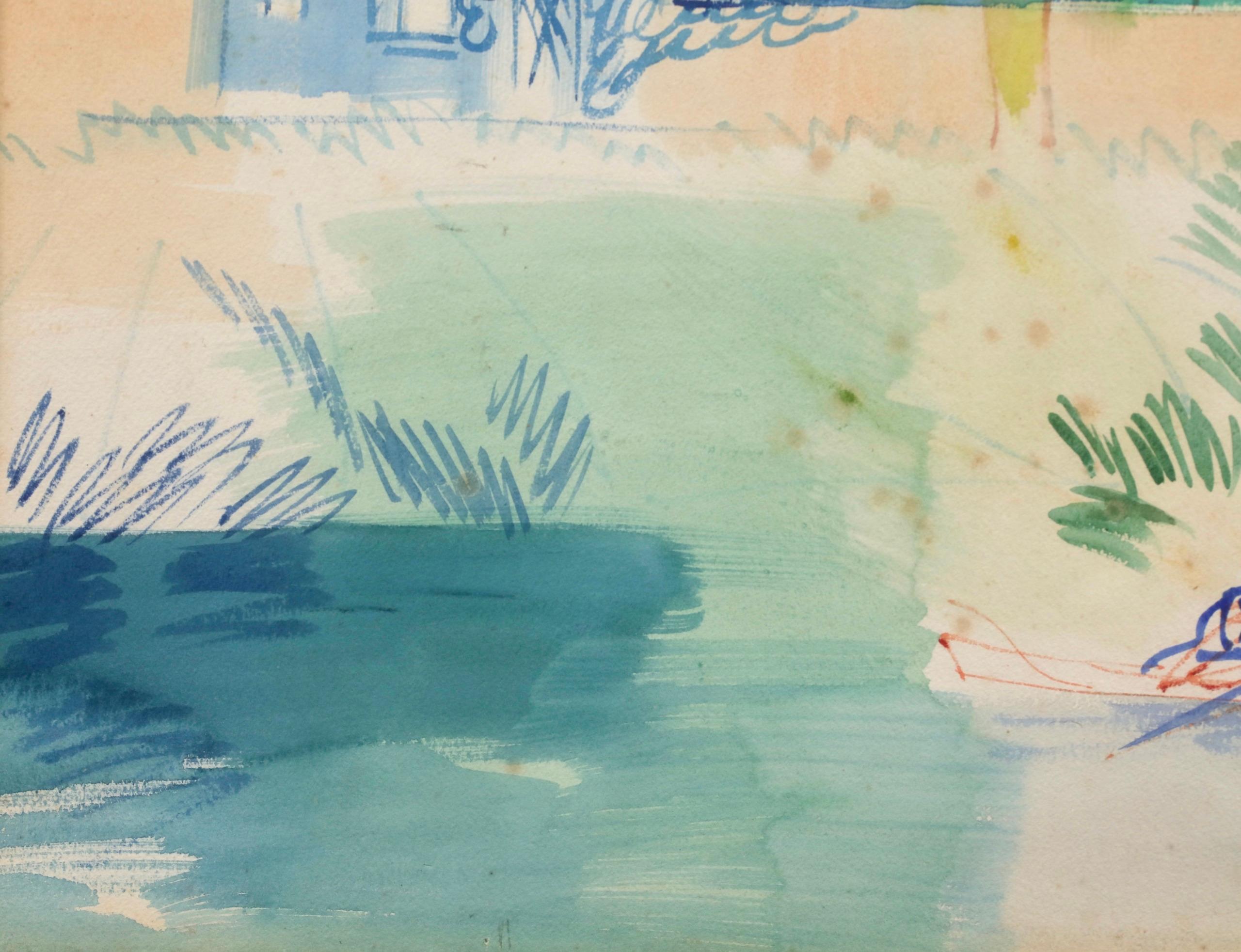 Bord de Riviere - Post Impressionist Figure in Landscape Watercolor by Jean Dufy For Sale 7