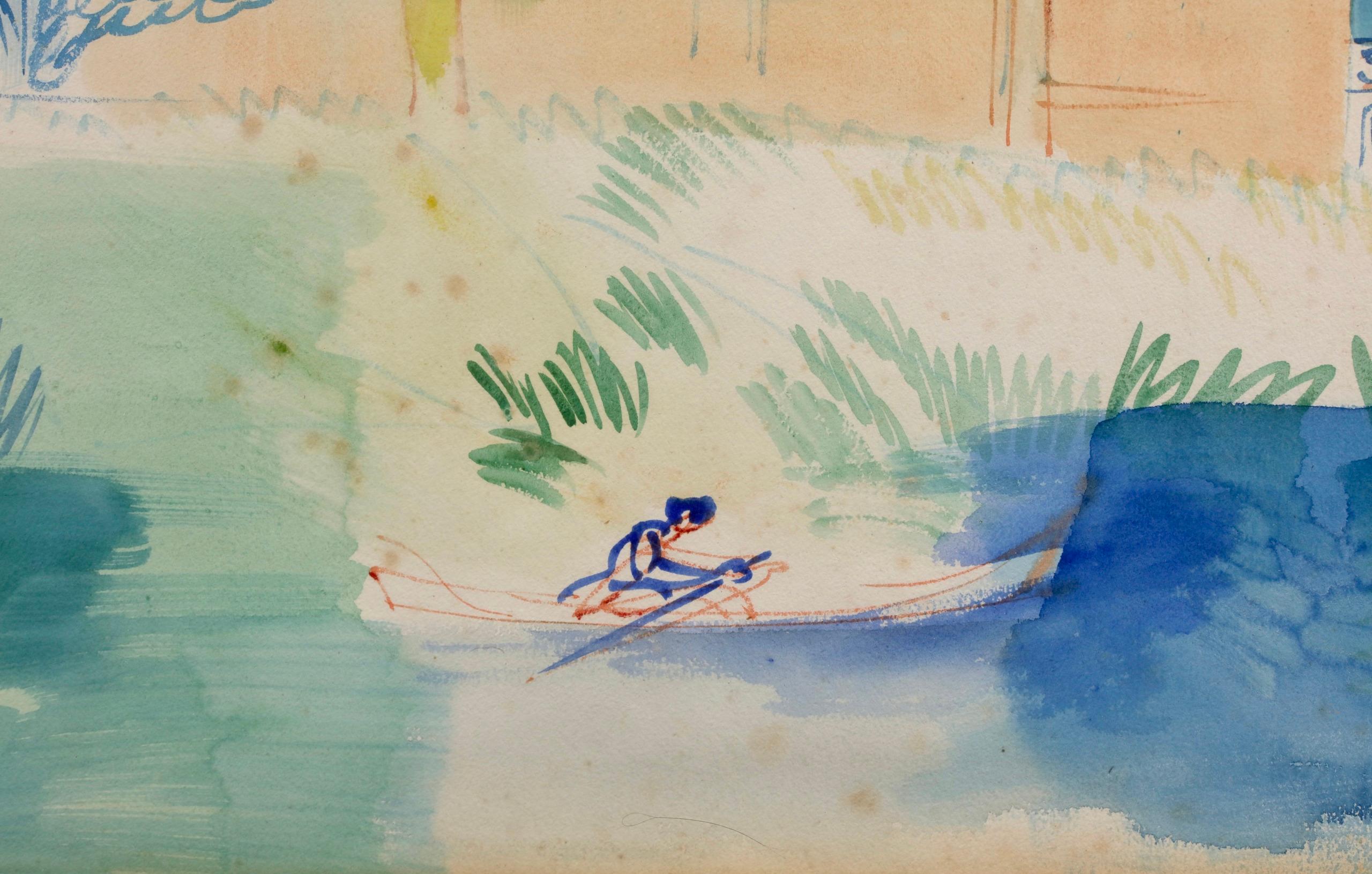 Bord de Riviere - Post Impressionist Figure in Landscape Watercolor by Jean Dufy For Sale 8