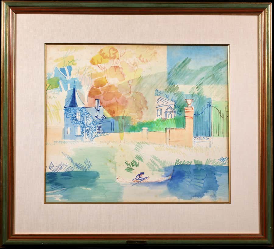 Bord de Riviere - Post Impressionist Figure in Landscape Watercolor by Jean Dufy