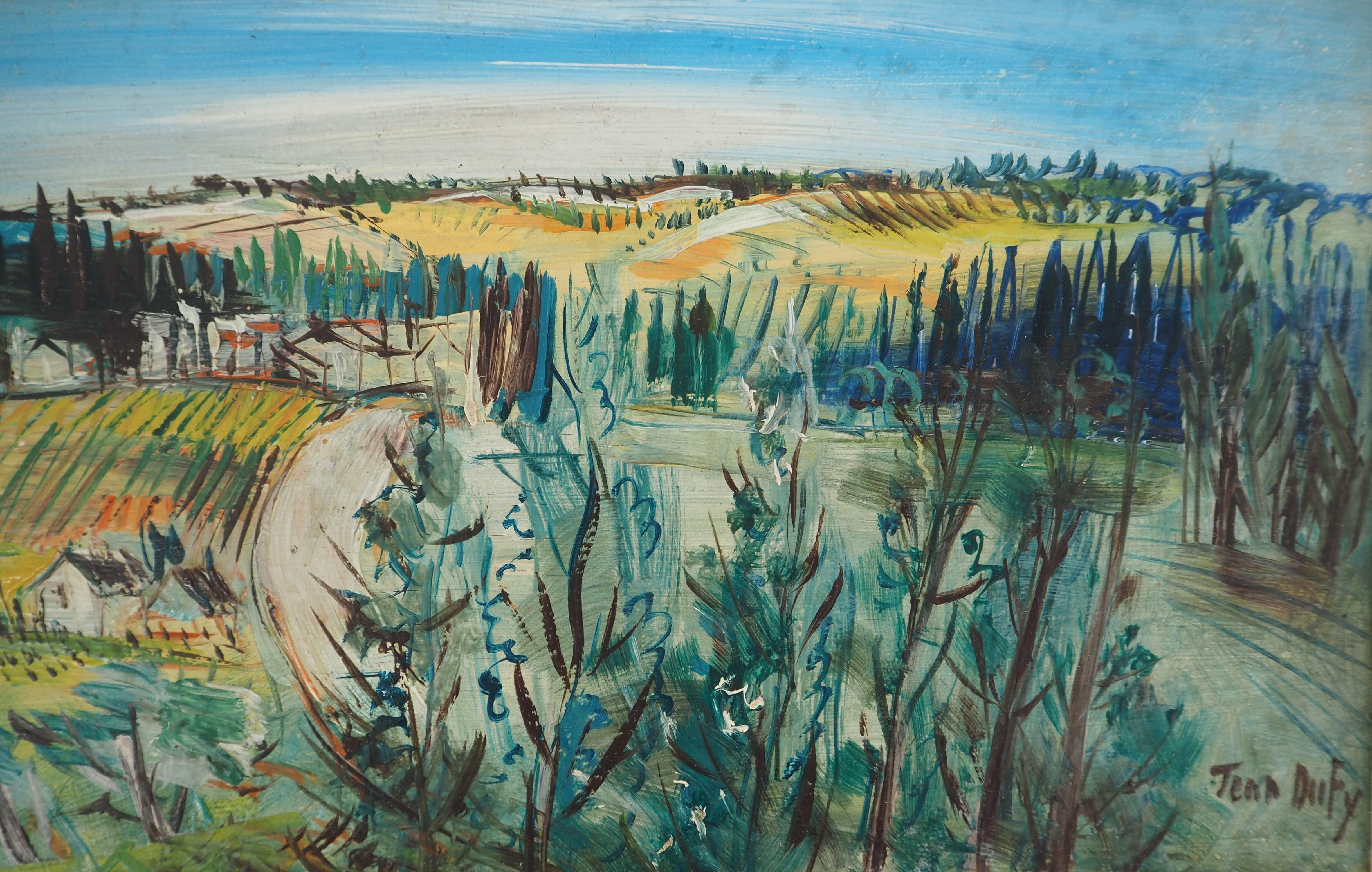 Campo : Pequeña casa en el campo - Pintura al óleo original, firmada - Landscape Painting Gris de Jean Dufy