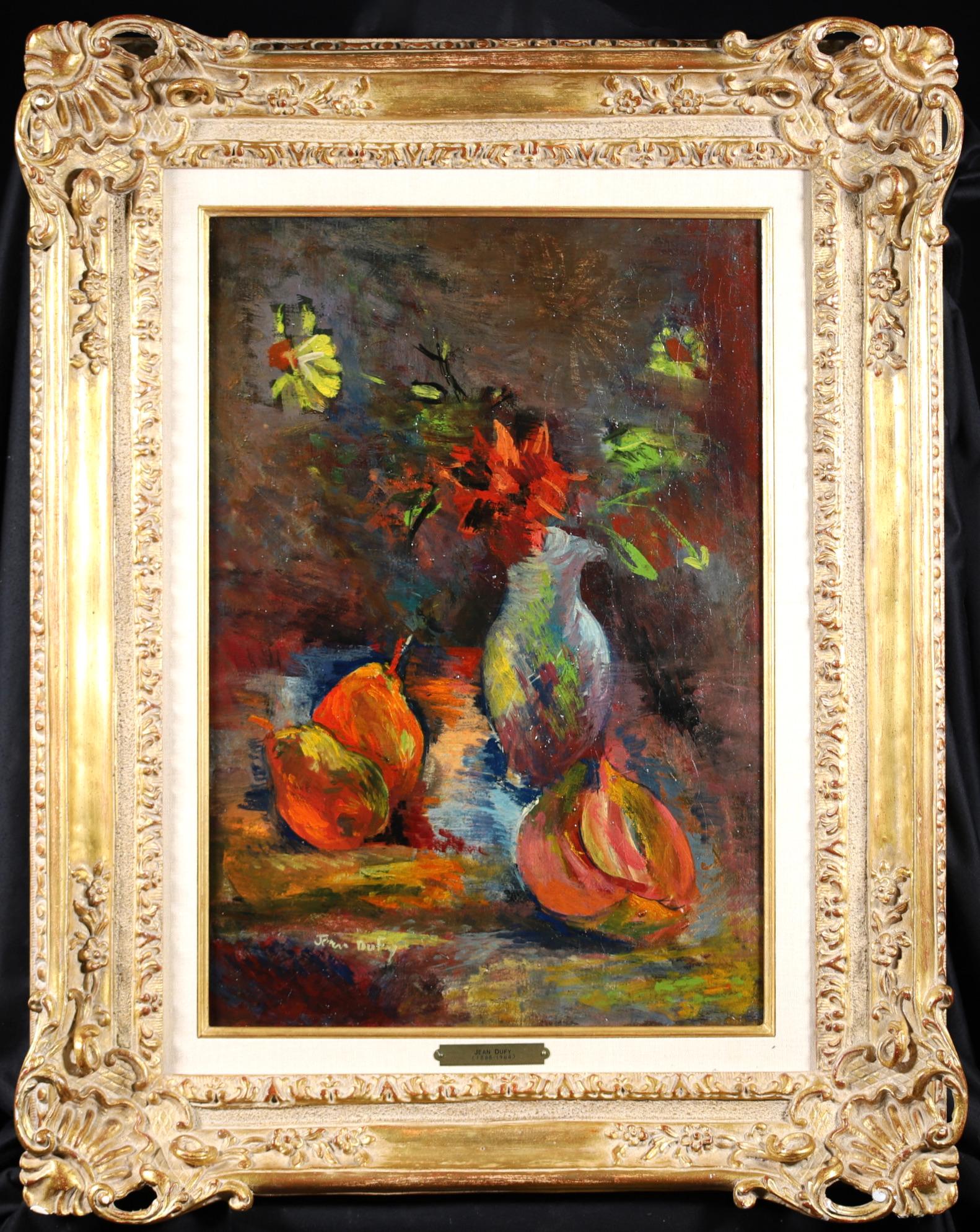 Nature morte post impressionniste signée, huile sur toile vers 1928 par le peintre français Jean Dufy. Cette œuvre aux couleurs vives représente des fleurs rouges et jaunes dans un vase, avec des poires placées à côté.

Signature :
Signé en bas à