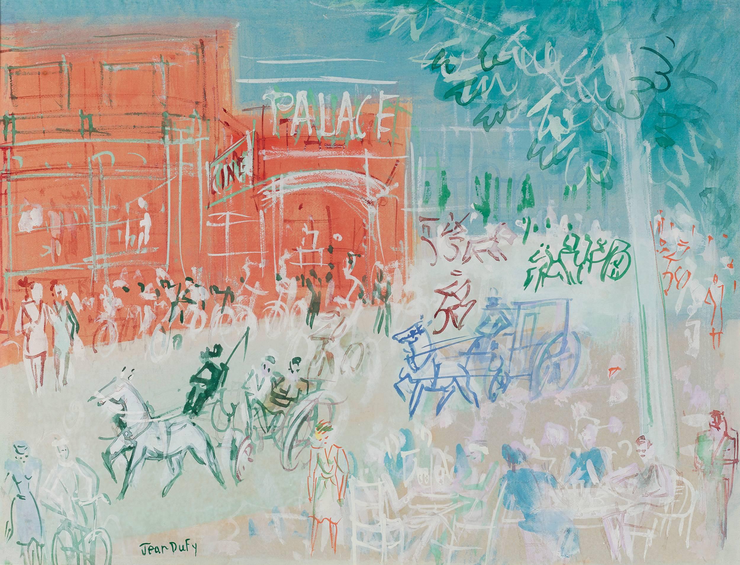 Jean Dufy
1888-1964  French

Le Palace

Signed "Jean Dufy" (lower left)
Watercolor and gouache on paper

The energy and joie de vivre of the City of Light has been captured in this vibrant watercolor and gouache by the French master Jean Dufy. The