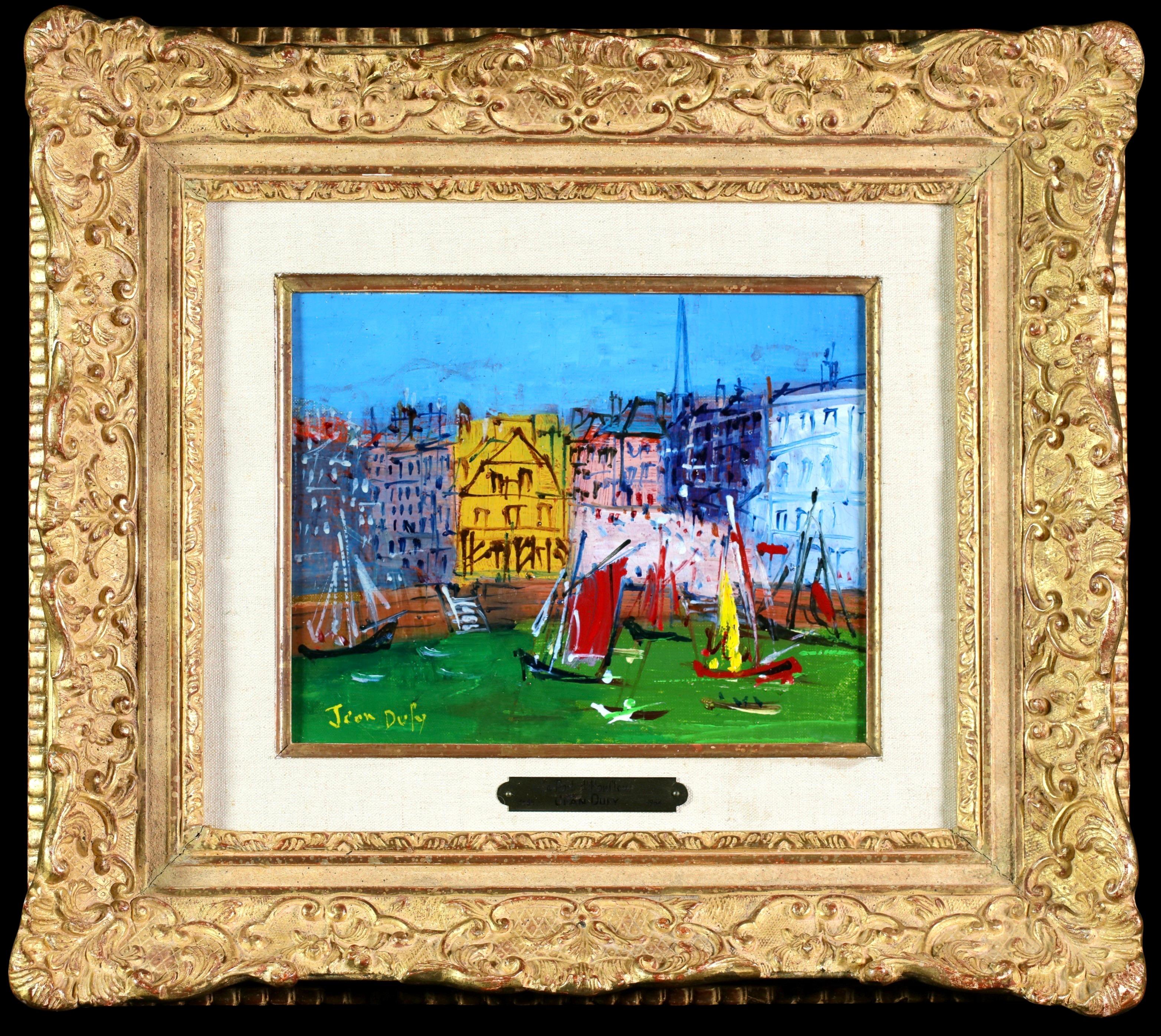 Paysage à l'huile sur toile, signé, datant de 1946 environ, réalisé par le peintre postimpressionniste français Jean Dufy. Cette œuvre haute en couleur représente des voiliers dans le port d'Honfleur. L'eau est peinte en vert et les bâtiments du
