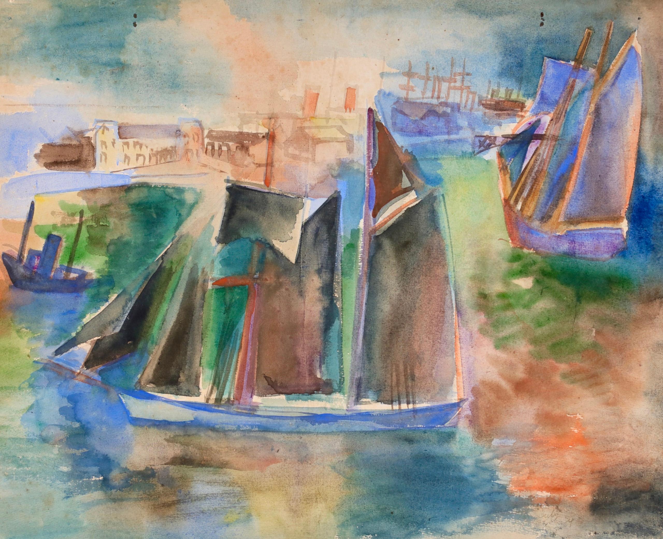 Le Port due Havre - Paesaggio acquerellato post impressionista di Jean Dufy in vendita 1