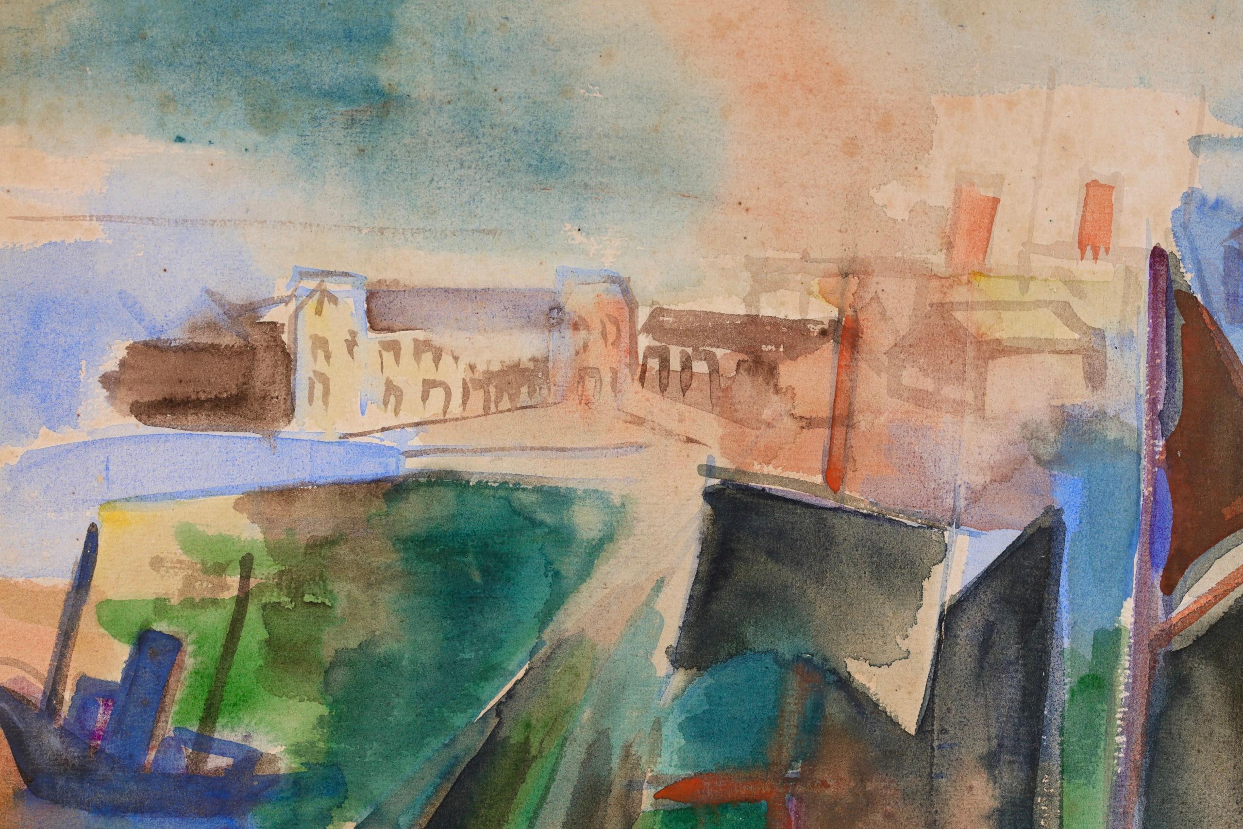 Le Port due Havre - Paesaggio acquerellato post impressionista di Jean Dufy in vendita 2