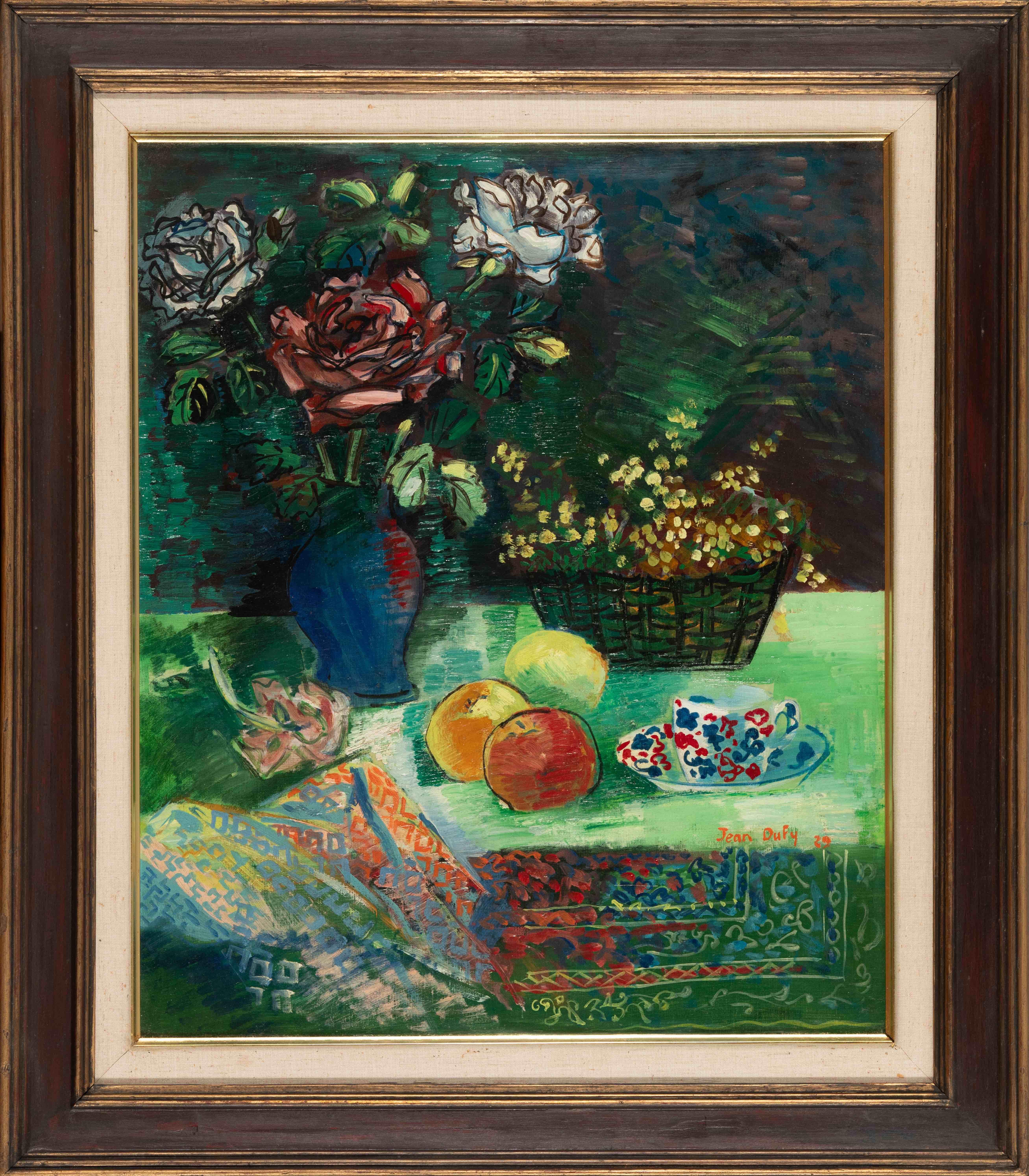 Nature morte au panier de mimosa by Jean Dufy - Still life painting For Sale 1