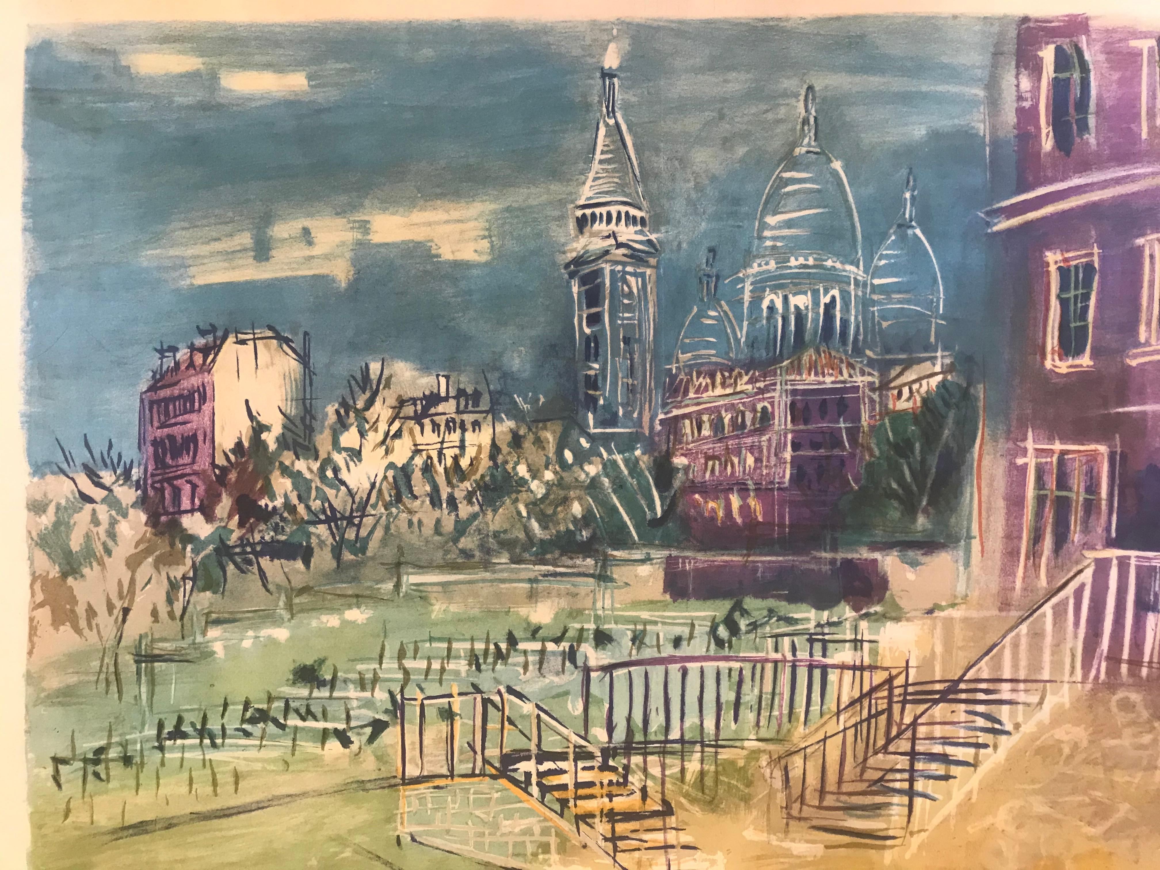 “Montmartre et la Basilique du Sacre Coeur” - Beige Landscape Print by Jean Dufy