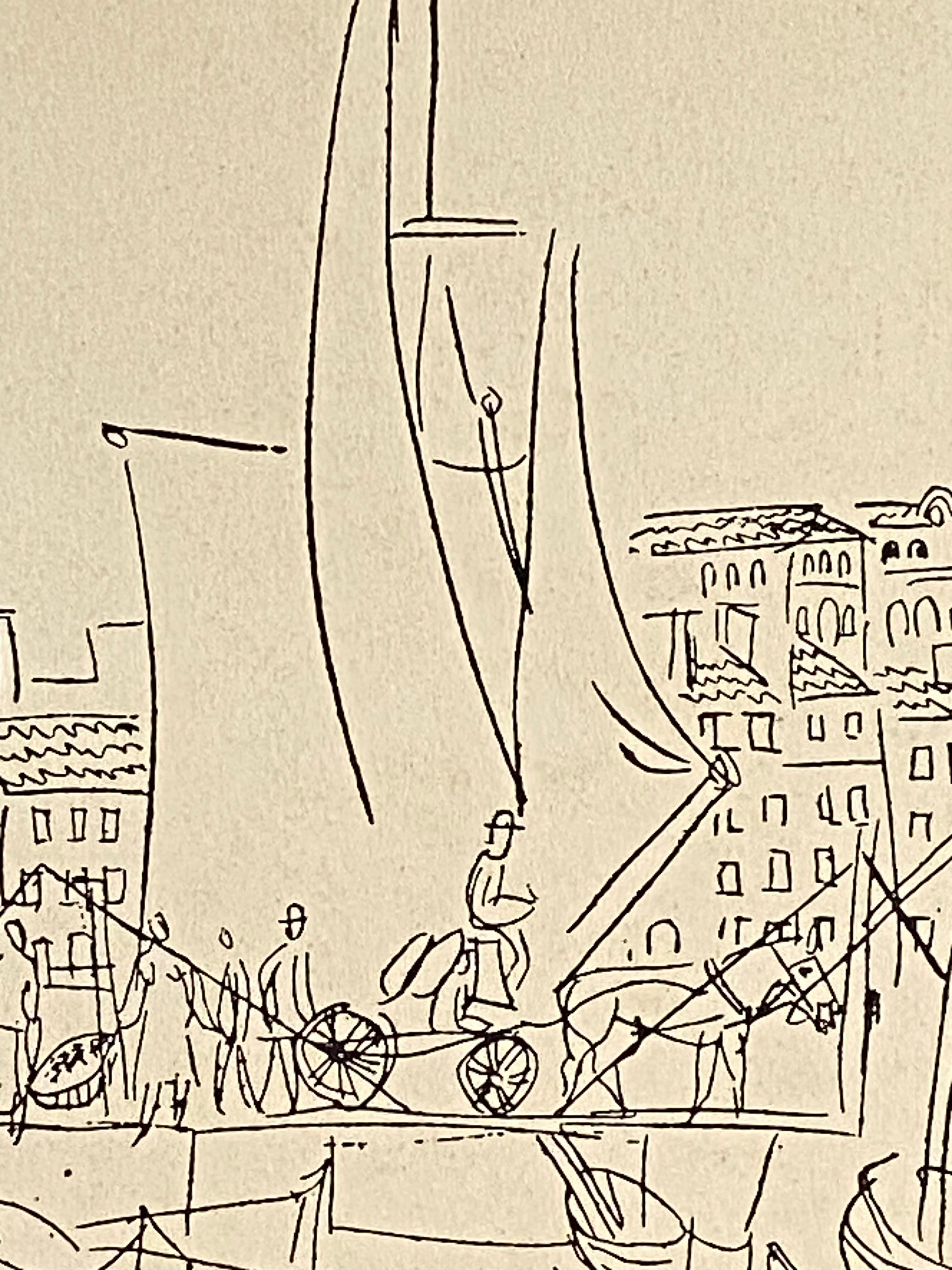 Original lithographic print done as a gravure using black ink attributed to the hand of the well known French artist, Jean Dufy.  Signed in the plate  “Dufy” lower right.  Circa 1960. Condition is very good.  “Pierre Hautot, Paris” label verso.