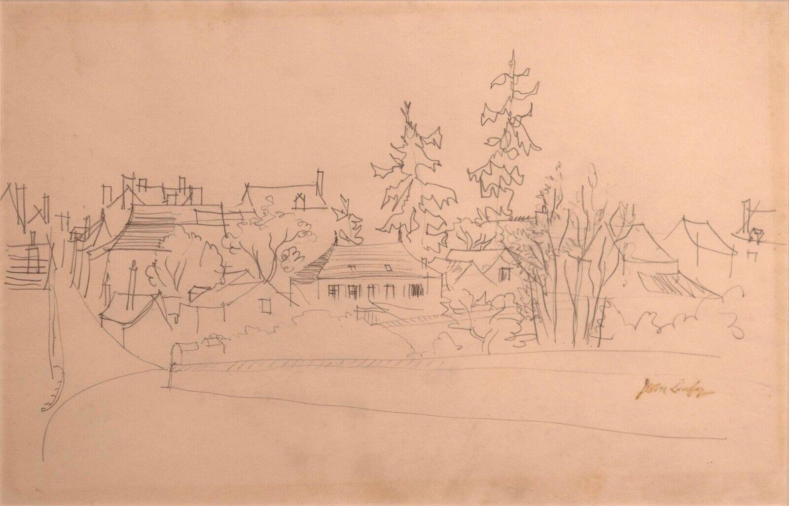This untitled graphite on paper drawing, signed by Jean Dufy, captures the charming essence of a neighborhood with its fluid, sketch-like lines and loose, expressive style. The composition is delicate and airy, suggesting the lively atmosphere of a