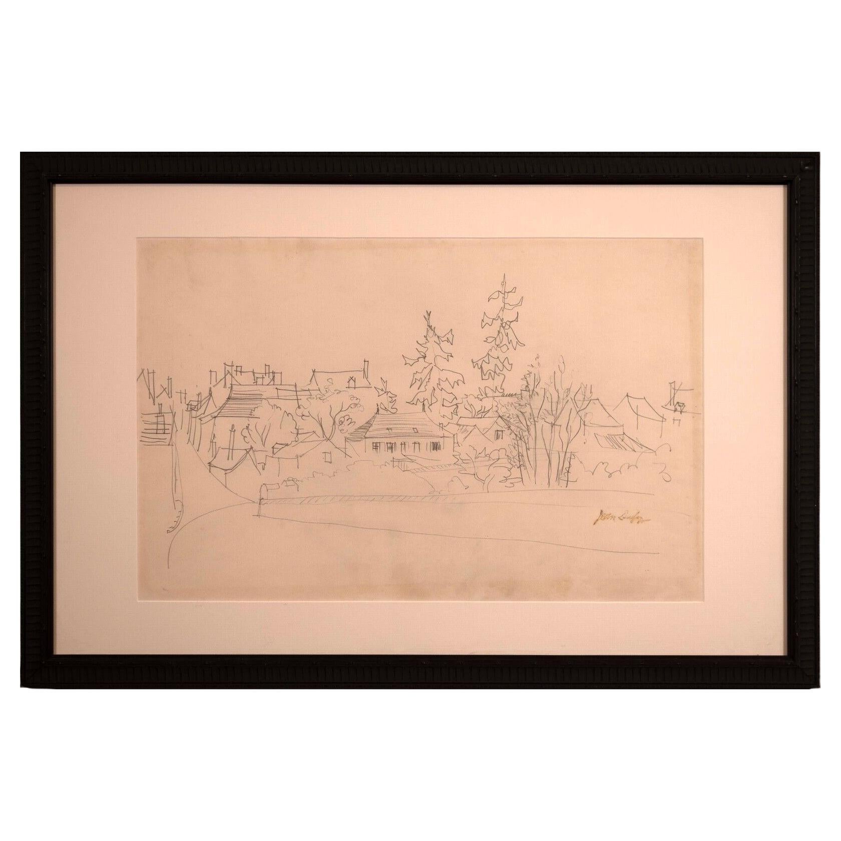 Jean Dufy Signed Untitled Neighborhood Drawing Graphite on Paper For Sale