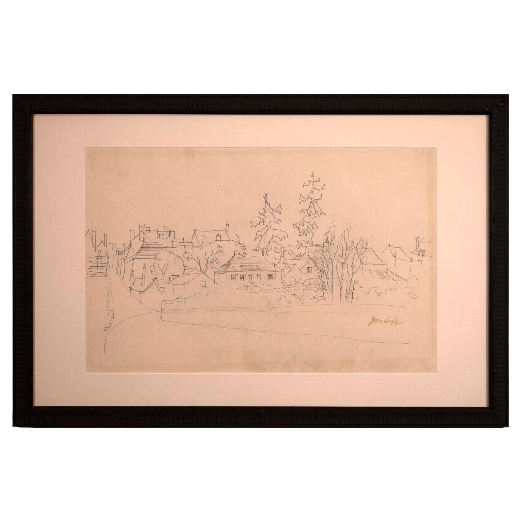 Jean Dufy Signed Untitled Neighborhood Drawing Graphite on Paper