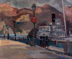 French 20th Century oil painting of a boat on a lake by Jean Dulac Junior