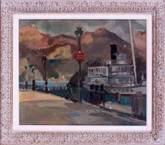 Peinture à l'huile française du 20e siècle représentant un bateau sur un lac par Jean Dulac Junior