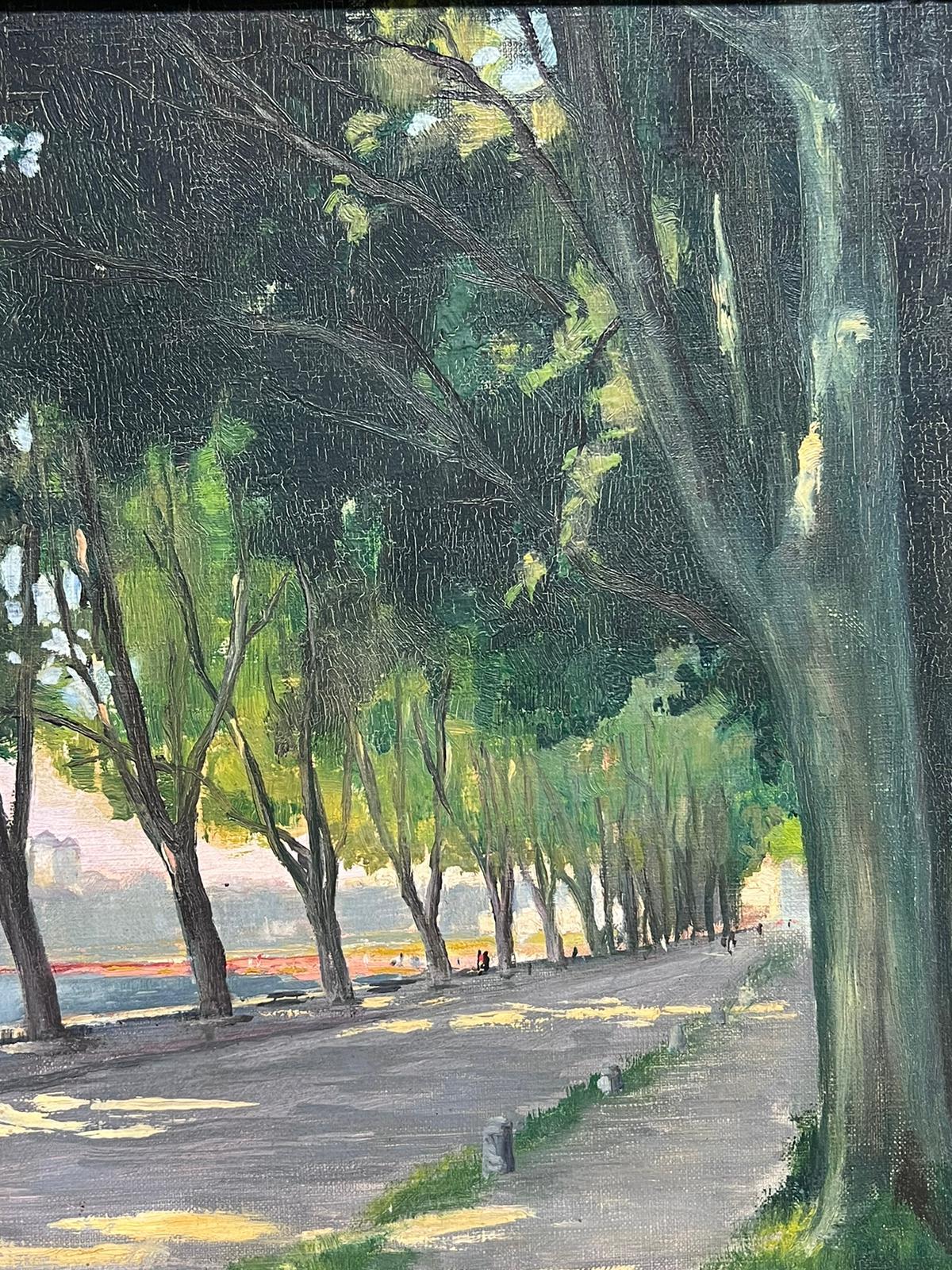 1940's French Impressionist Signed Oil River View Avenue Green Leafy Trees  2