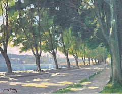 1940's French Impressionist Signed Oil River View Avenue Green Leafy Trees 
