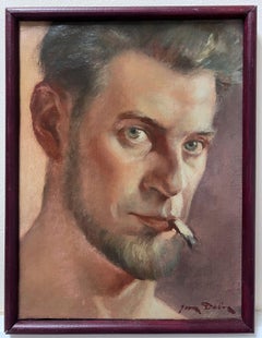1940's Pintura al Óleo Francesa Retrato de Hombre Fumando Cigarrillo Autorretrato