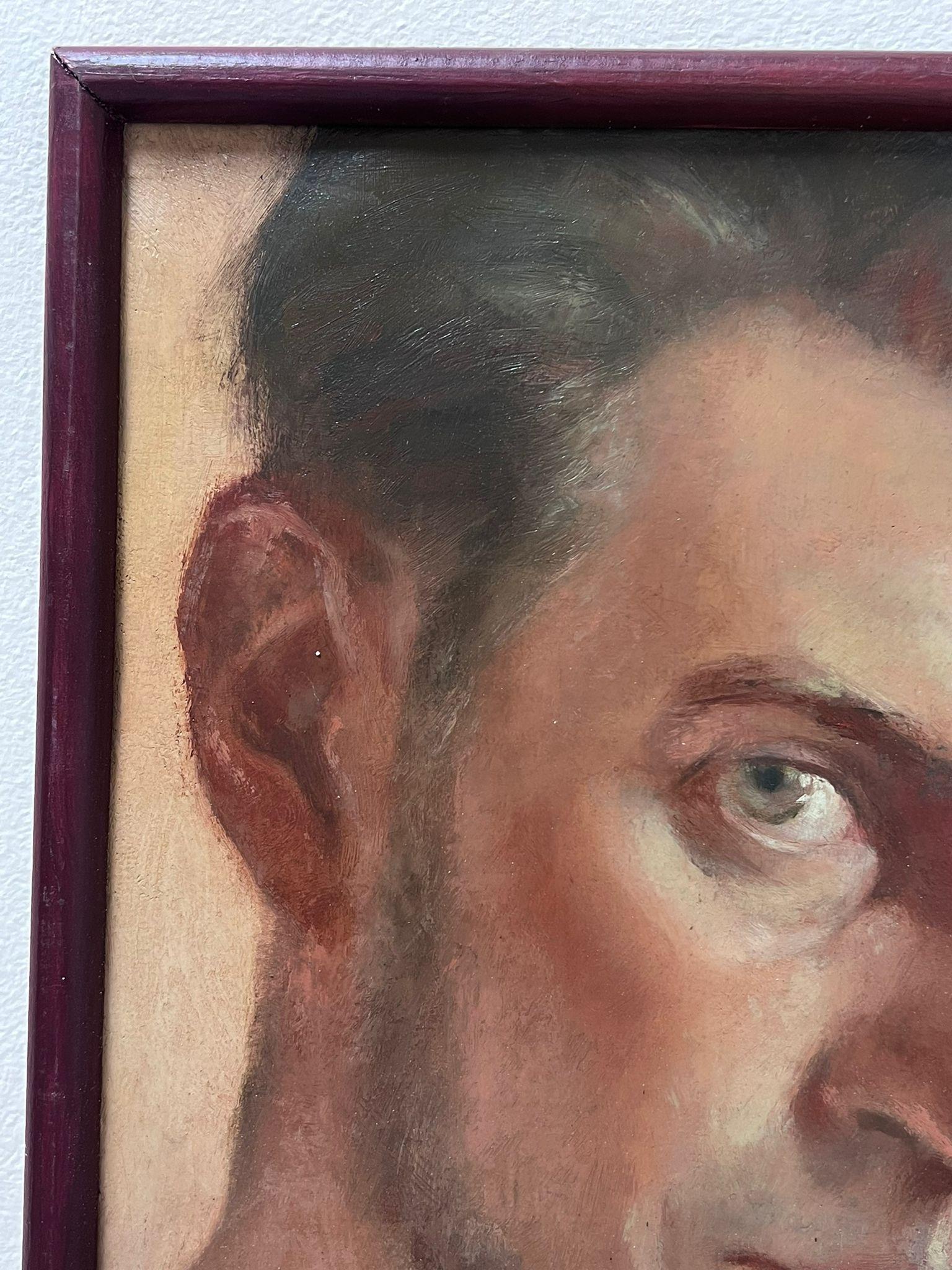 Quadro a olio francese del 1940 Ritratto di uomo che fuma una sigaretta Self-Portrait 1