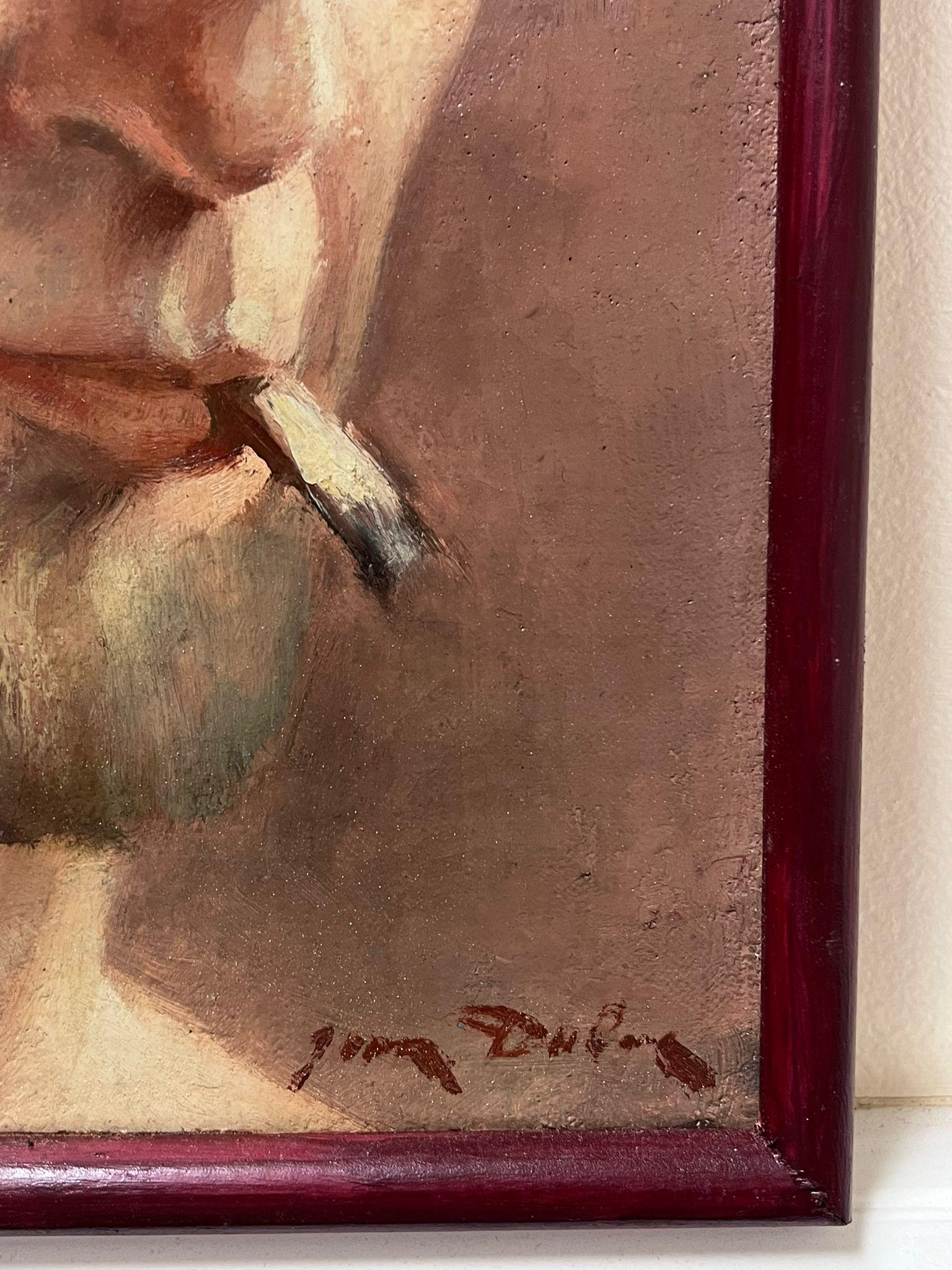 Quadro a olio francese del 1940 Ritratto di uomo che fuma una sigaretta Self-Portrait 2