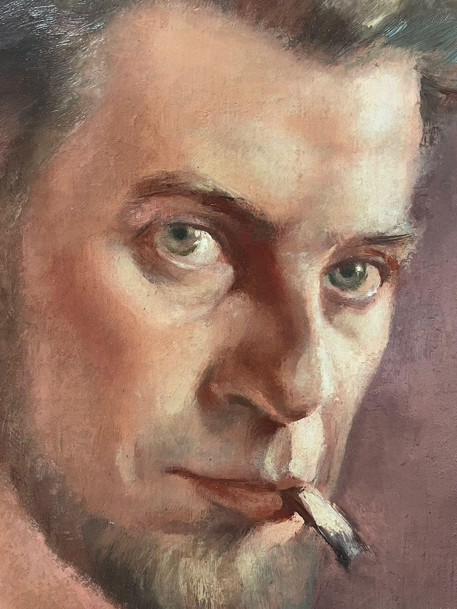 Quadro a olio francese del 1940 Ritratto di uomo che fuma una sigaretta Self-Portrait 3